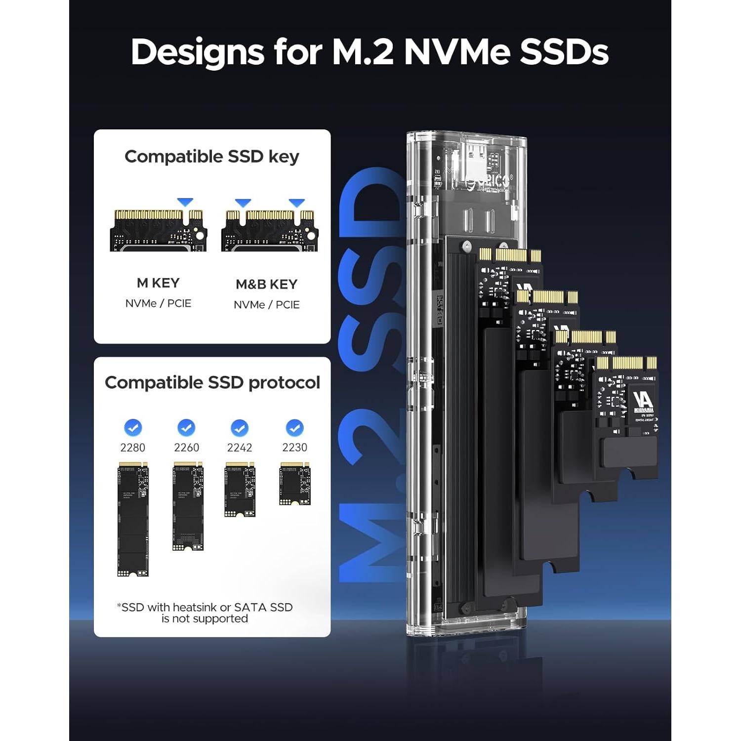 ORICO M.2 NVMe SSD Enclosure, USB 3.2 Gen 2 (10 Gbps), Transparent External Solid State Drive Adapter Enclosure for 2280 2260 2242 2230 PCI-E M2 M-Key SSD, USB Type C Converter Case-TCM2 Black