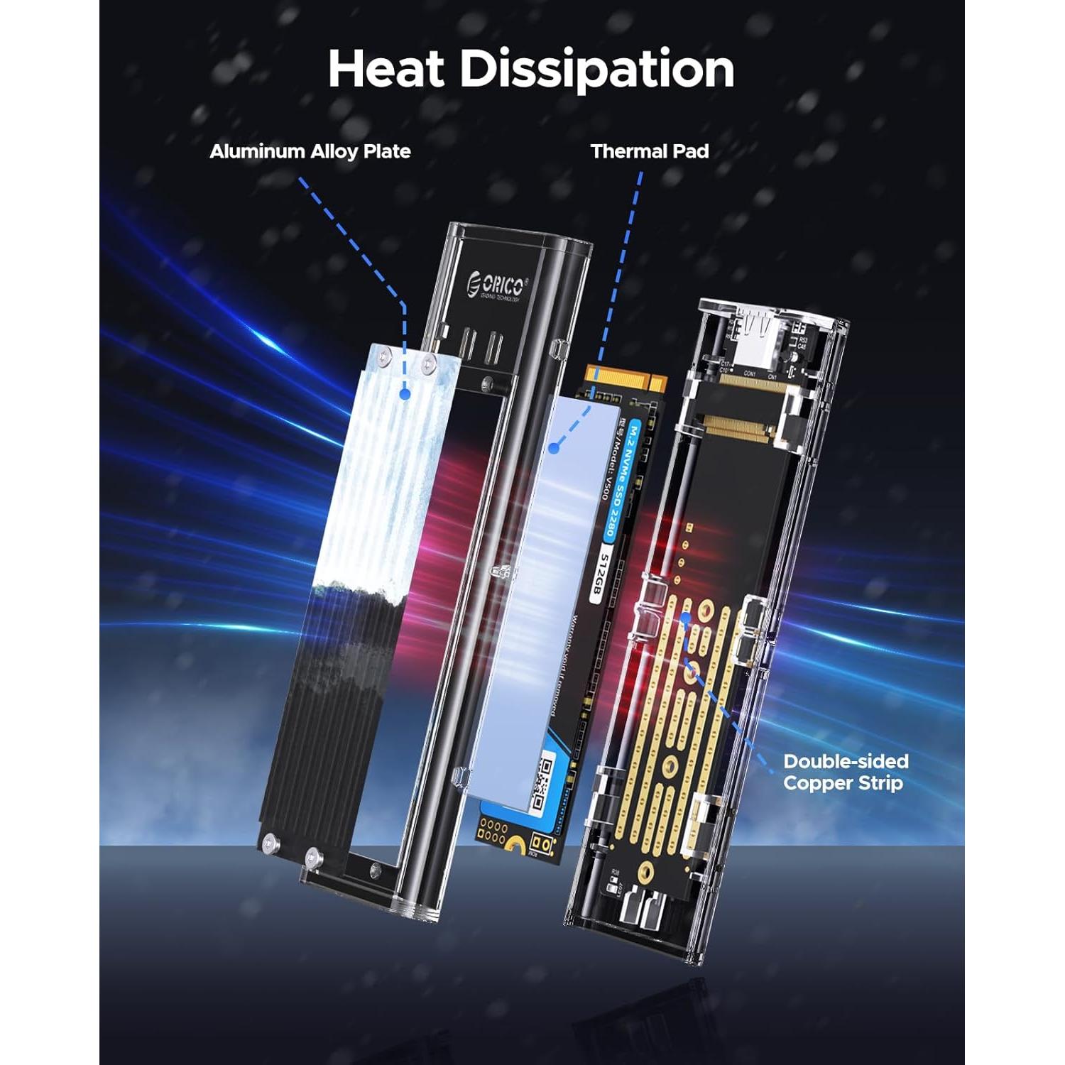 ORICO M.2 NVMe SSD Enclosure, USB 3.2 Gen 2 (10 Gbps), Transparent External Solid State Drive Adapter Enclosure for 2280 2260 2242 2230 PCI-E M2 M-Key SSD, USB Type C Converter Case-TCM2 Black