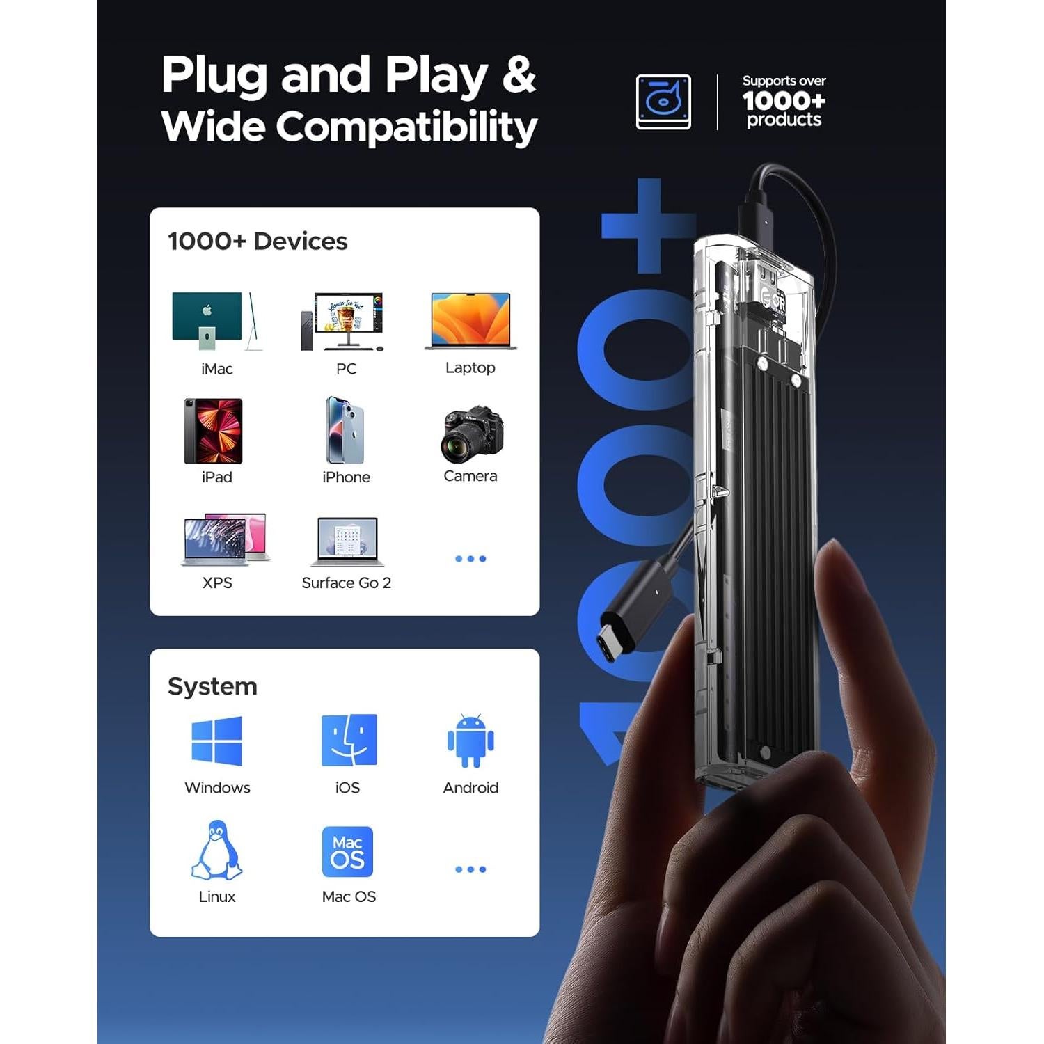 ORICO M.2 NVMe SSD Enclosure, USB 3.2 Gen 2 (10 Gbps), Transparent External Solid State Drive Adapter Enclosure for 2280 2260 2242 2230 PCI-E M2 M-Key SSD, USB Type C Converter Case-TCM2 Black