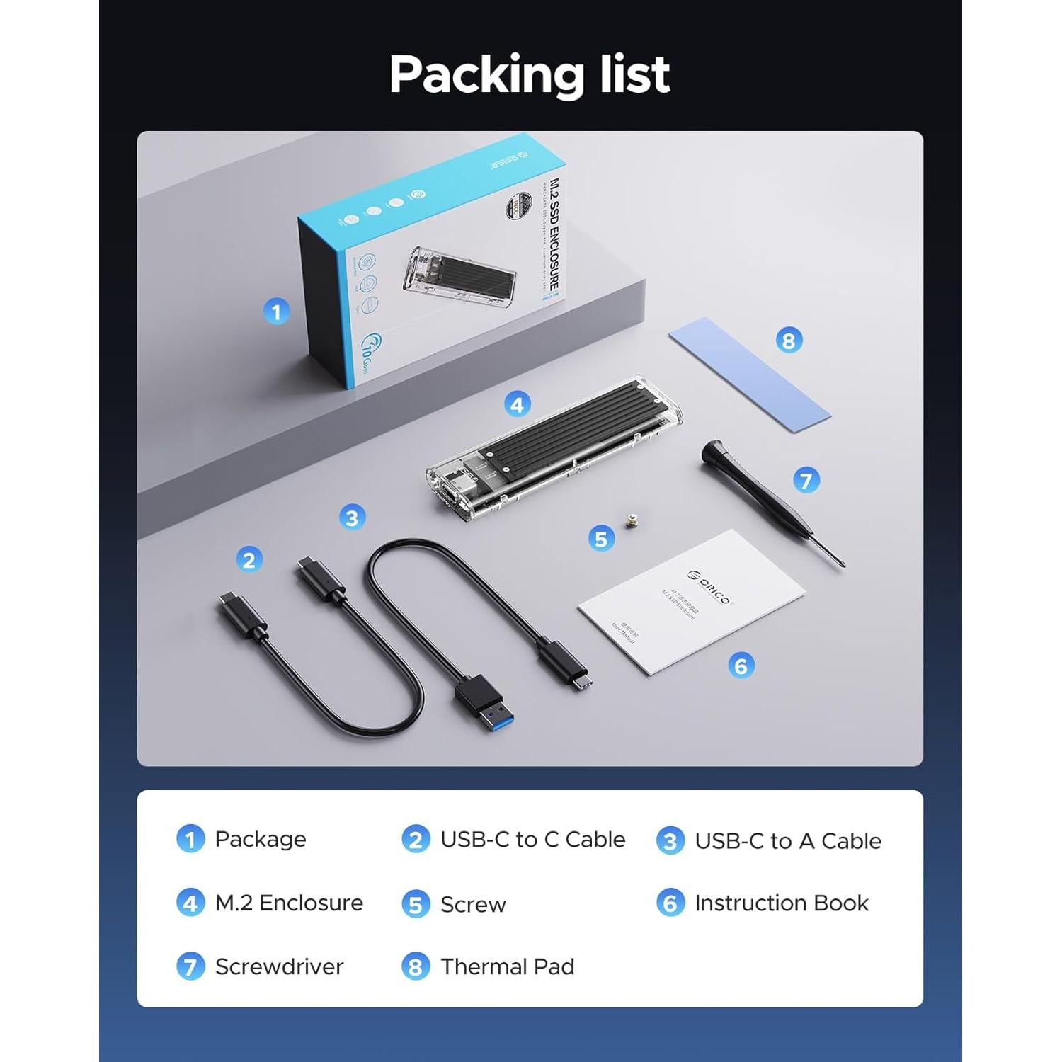 ORICO M.2 NVMe SSD Enclosure, USB 3.2 Gen 2 (10 Gbps), Transparent External Solid State Drive Adapter Enclosure for 2280 2260 2242 2230 PCI-E M2 M-Key SSD, USB Type C Converter Case-TCM2 Black