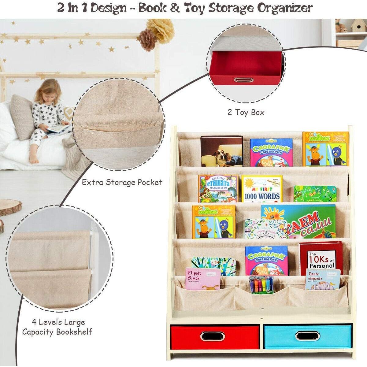 Estantería para Niños Costzon Beige con 4 Bolsillos y 2 Cajas