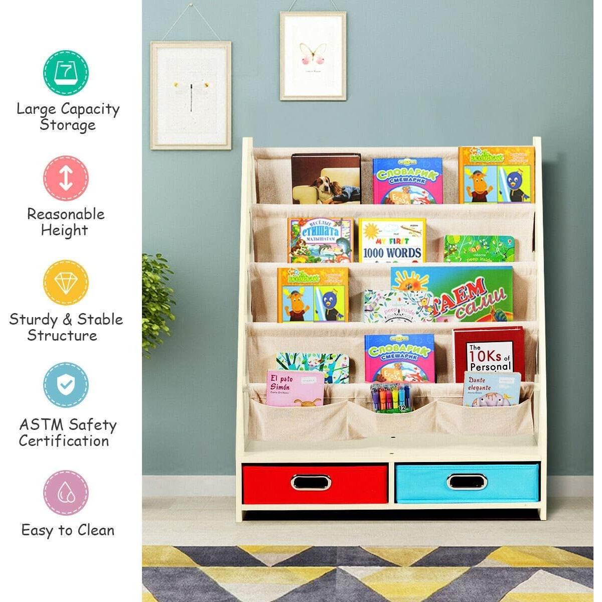 Estantería para Niños Costzon Beige con 4 Bolsillos y 2 Cajas