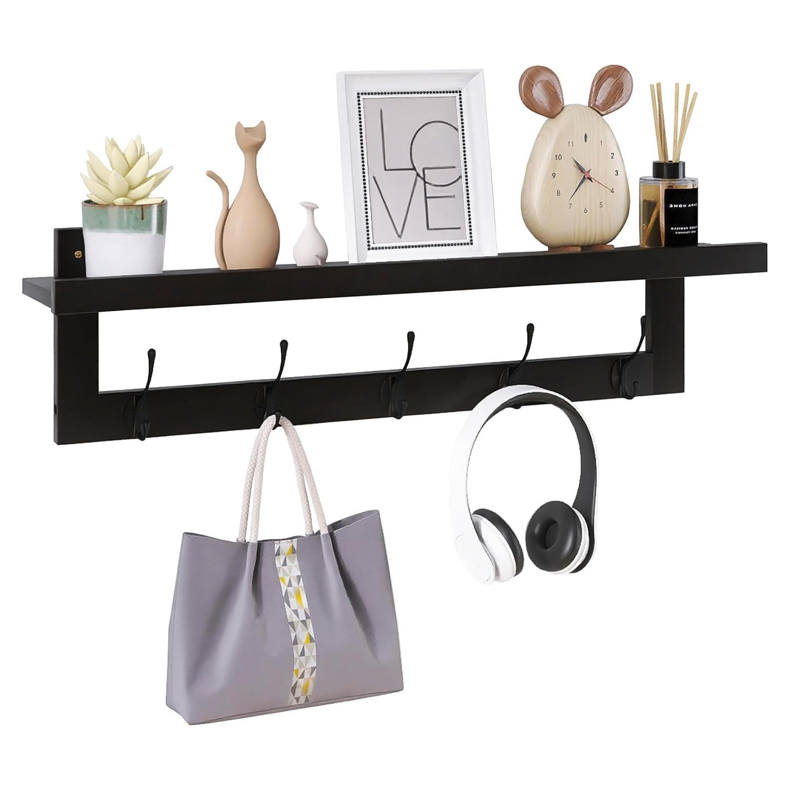 Perchero de Pared SMIBUY con Estante de Bambú y 5 Ganchos