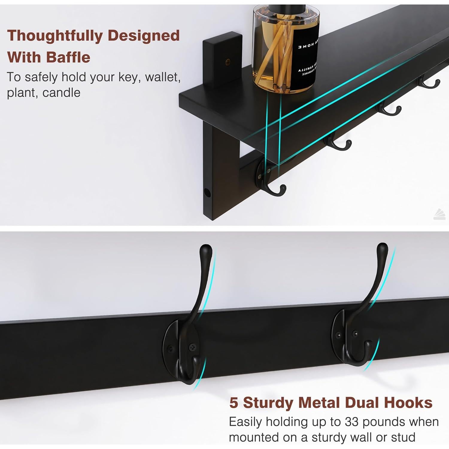 Perchero de Pared SMIBUY con Estante de Bambú y 5 Ganchos