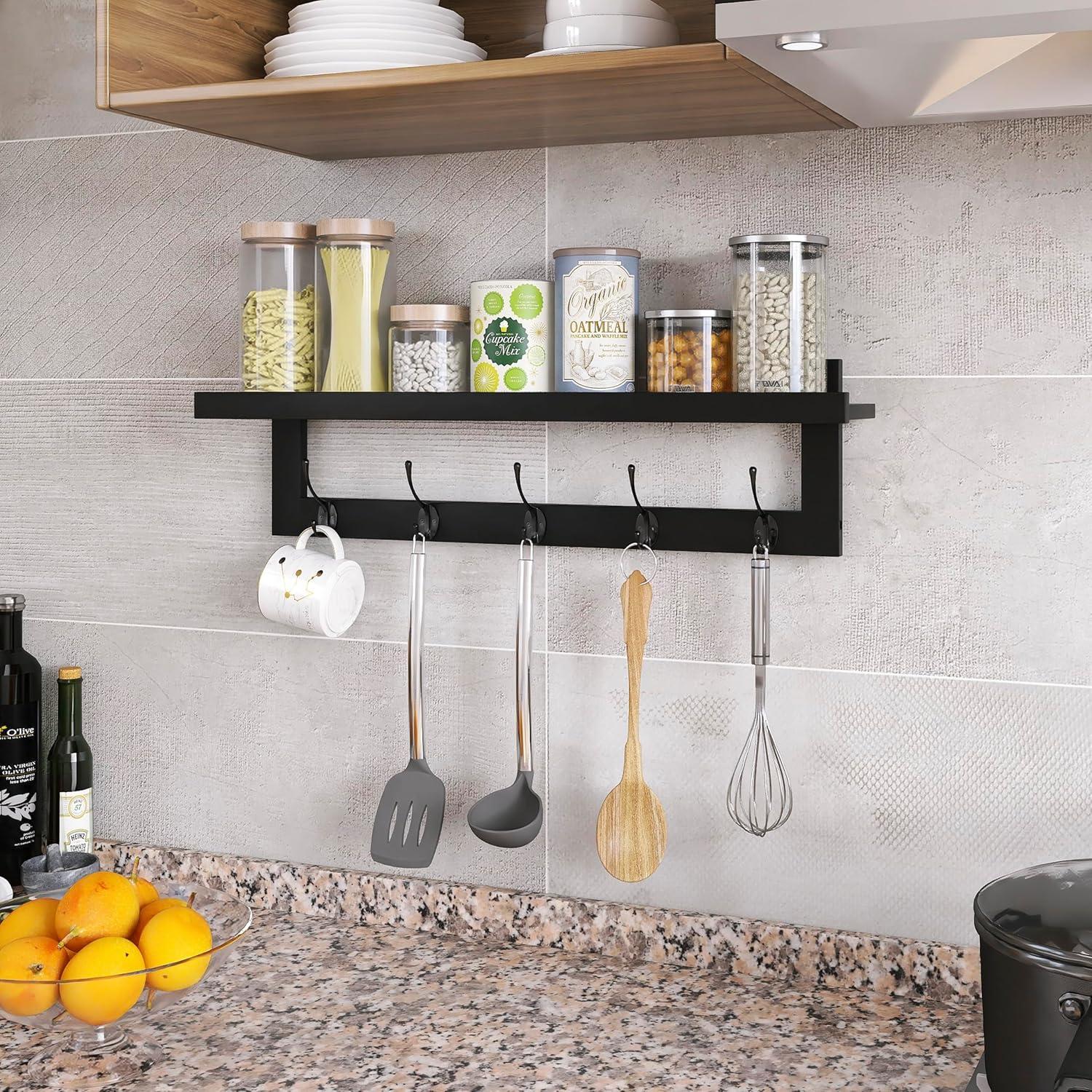 Perchero de Pared SMIBUY con Estante de Bambú y 5 Ganchos