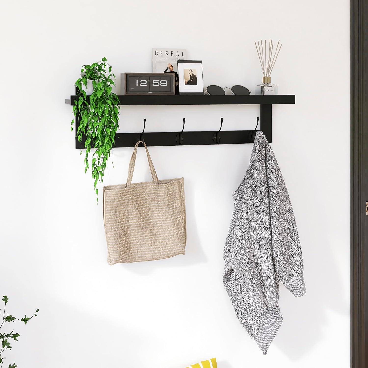 Perchero de Pared SMIBUY con Estante de Bambú y 5 Ganchos