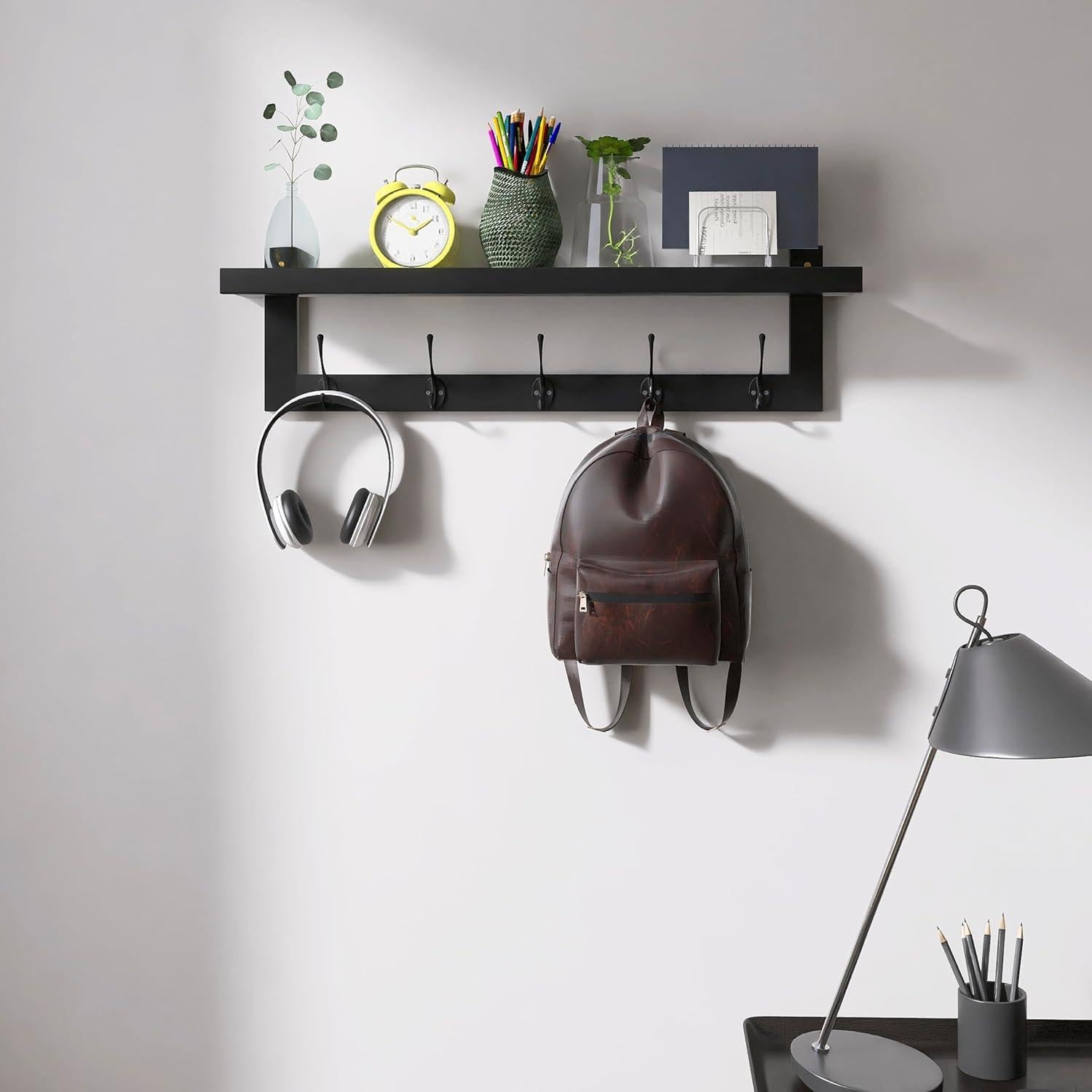 Perchero de Pared SMIBUY con Estante de Bambú y 5 Ganchos