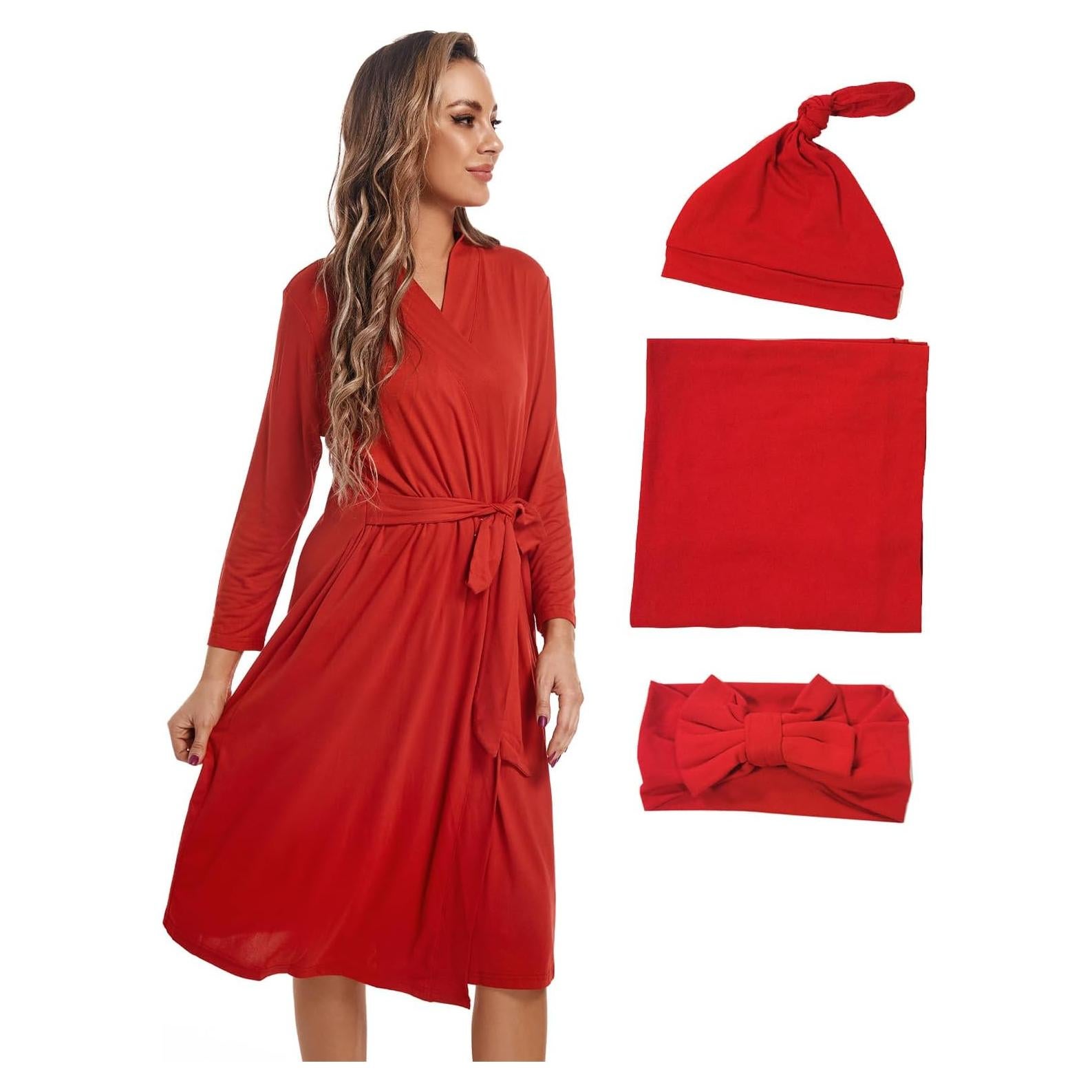 Bata de Maternidad QTECLOR con Manta de Envolver Rojo