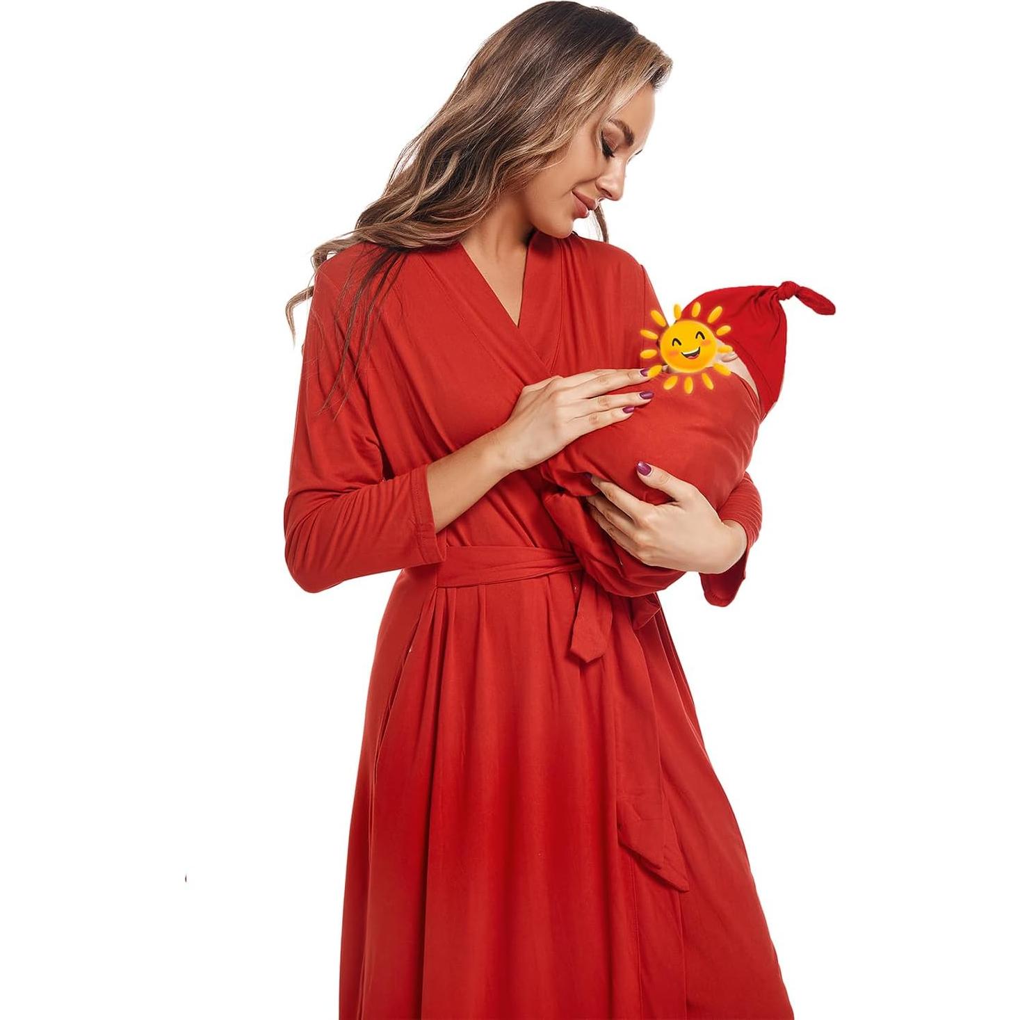 Bata de Maternidad QTECLOR con Manta de Envolver Rojo