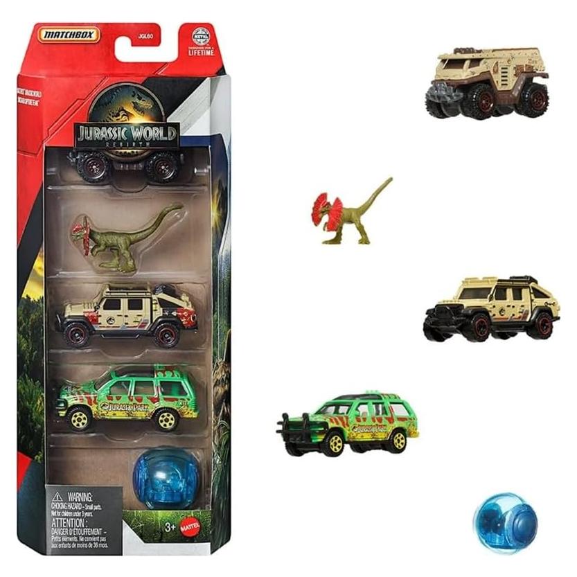 Matchbox Mundo Jurásico Renacimiento - Paquete de 5 Coches y Dinosaurios