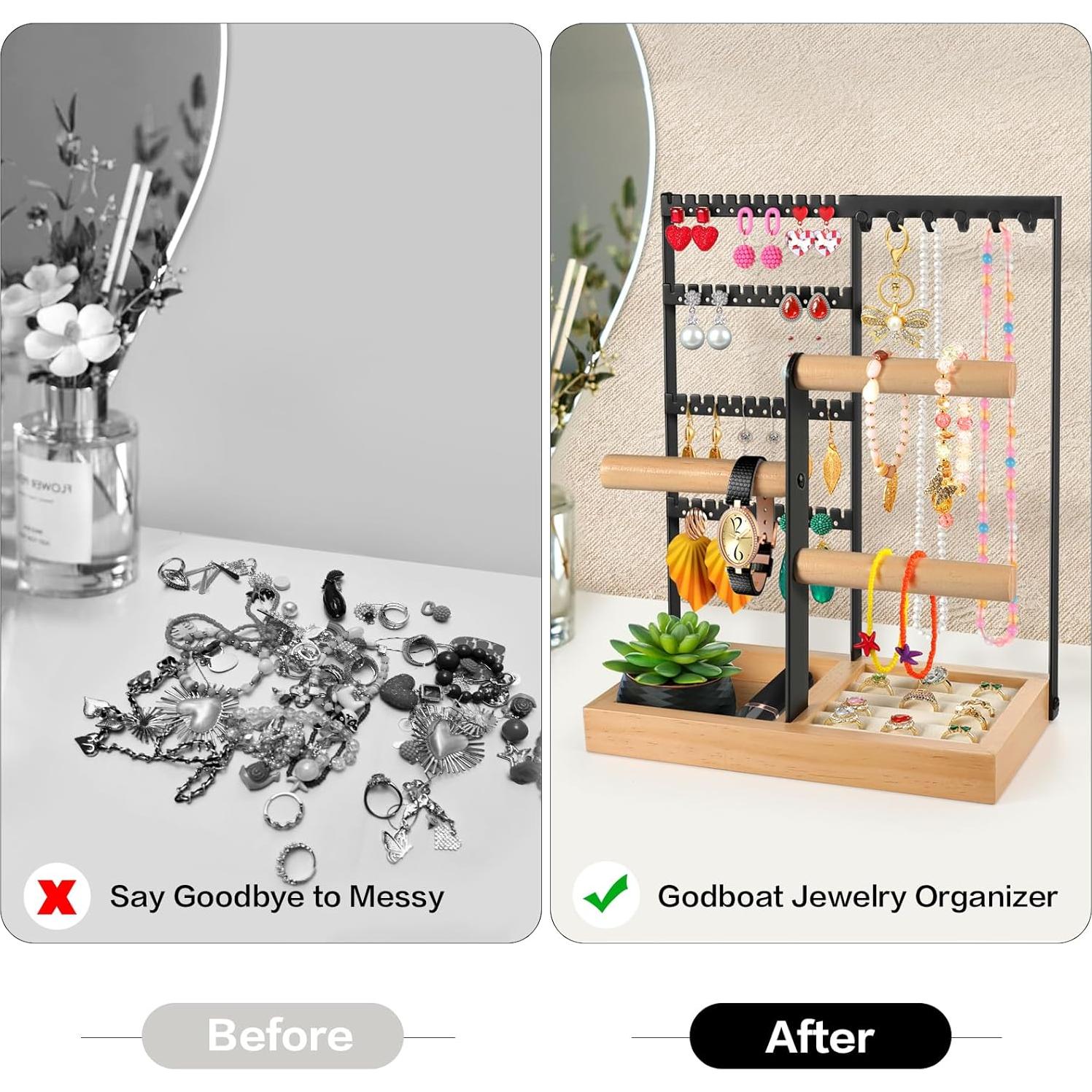 Organizador de Joyería Godboat Negro, Soporte 4 Niveles 48 Agujeros