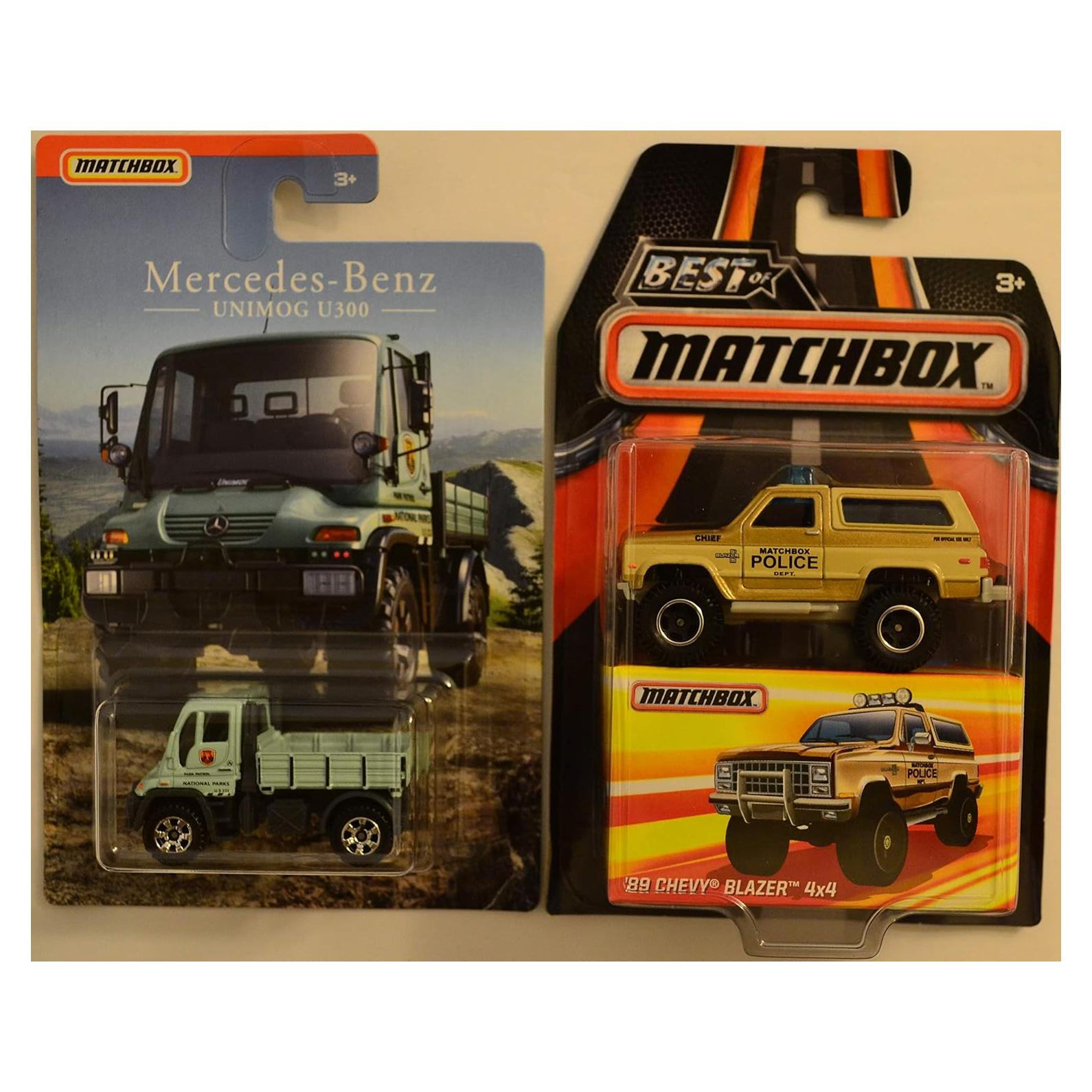 Paquete de 2 coches Matchbox Unimog U300 y Blazer 4x4