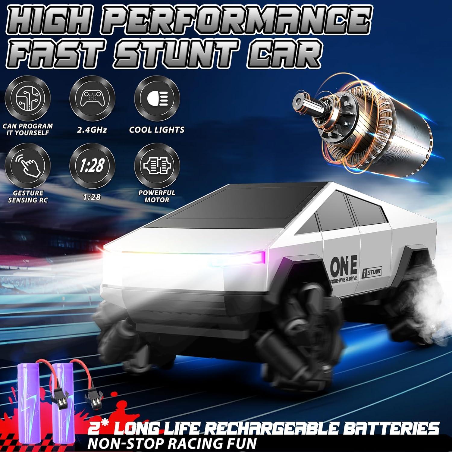 Remote Control Car, RC Stunt Car 2.4Ghz 4WD RC Cars 360°Rotating All Terrain High Speed Monster Truck Toys with Light, 2 Batteries Off-Road Electric Vehicle Toys for Kids Boys Girl