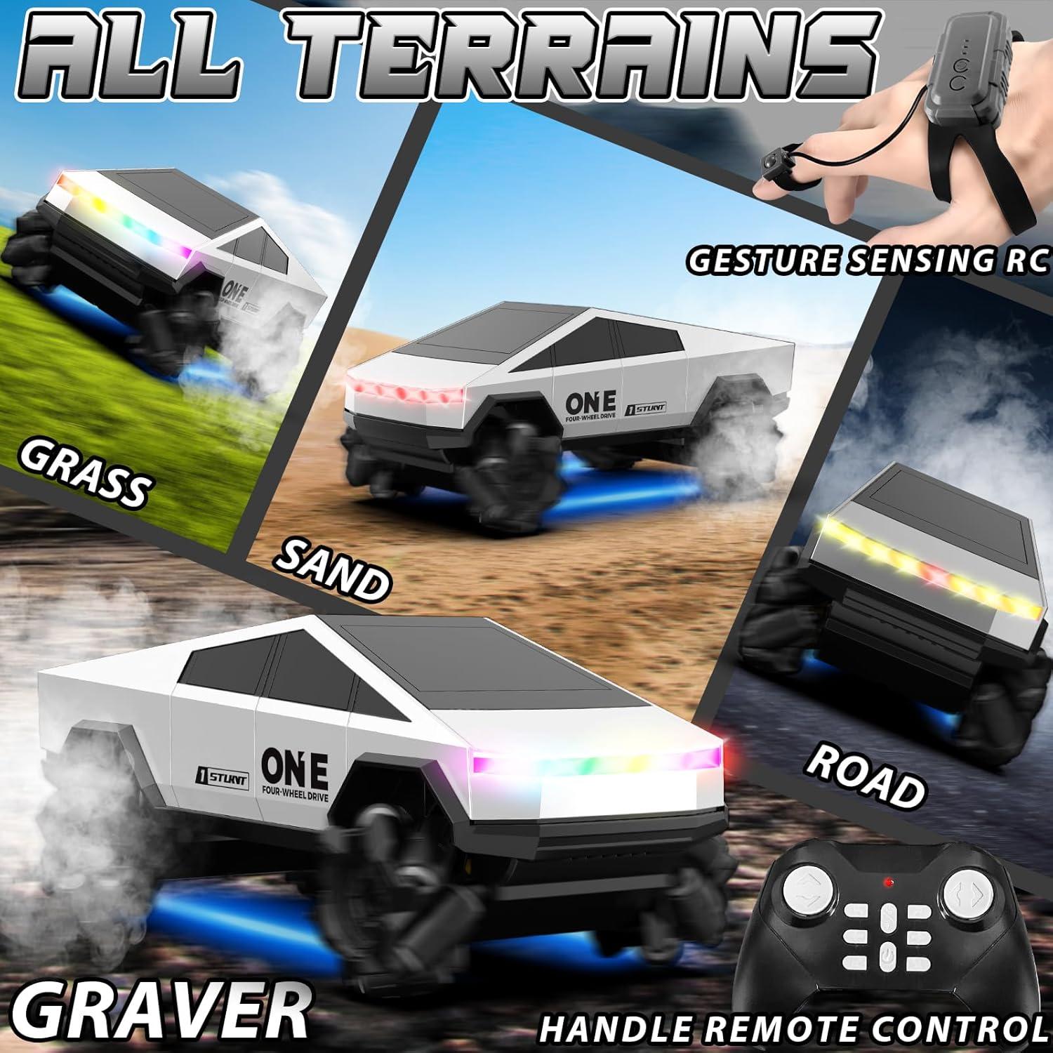 Remote Control Car, RC Stunt Car 2.4Ghz 4WD RC Cars 360°Rotating All Terrain High Speed Monster Truck Toys with Light, 2 Batteries Off-Road Electric Vehicle Toys for Kids Boys Girl