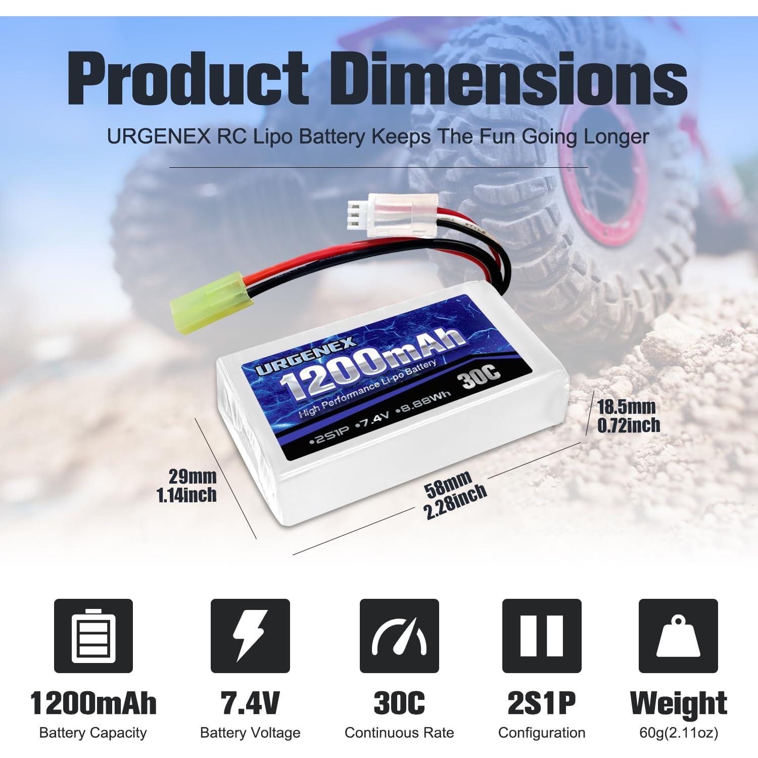 Batería Lipo URGENEX 2S 7.4V 1200mAh 30C Mini Tamiya RC