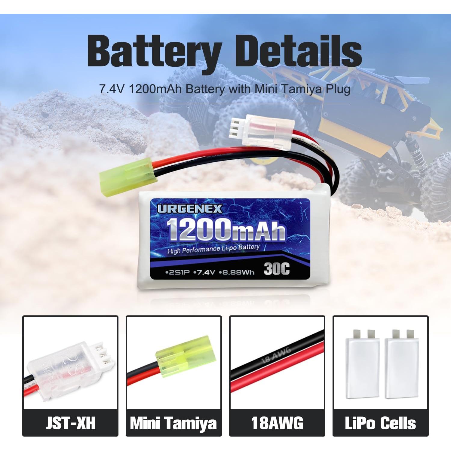 Batería Lipo URGENEX 2S 7.4V 1200mAh 30C Mini Tamiya RC