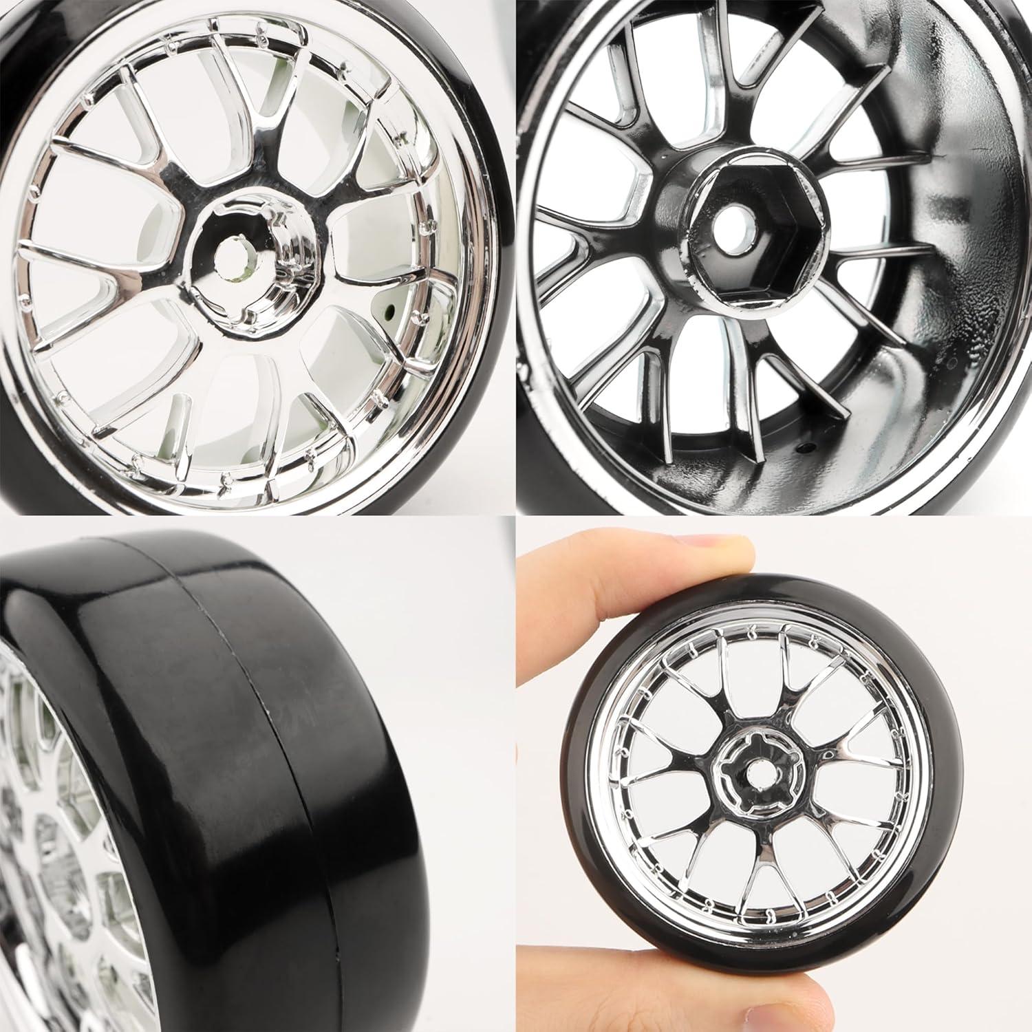 4 Neumáticos de Plástico Duro GDOOL 1/10 para RC Drift Plata