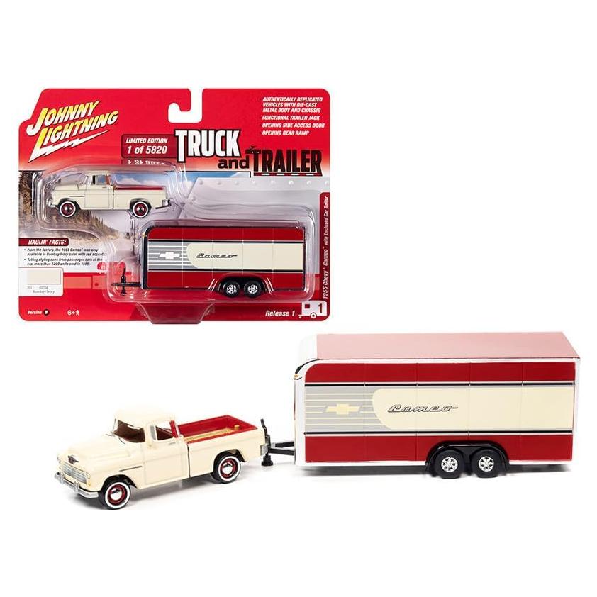Camión Diecast 1955 Chevy Cameo Johnny Lightning con Remolque