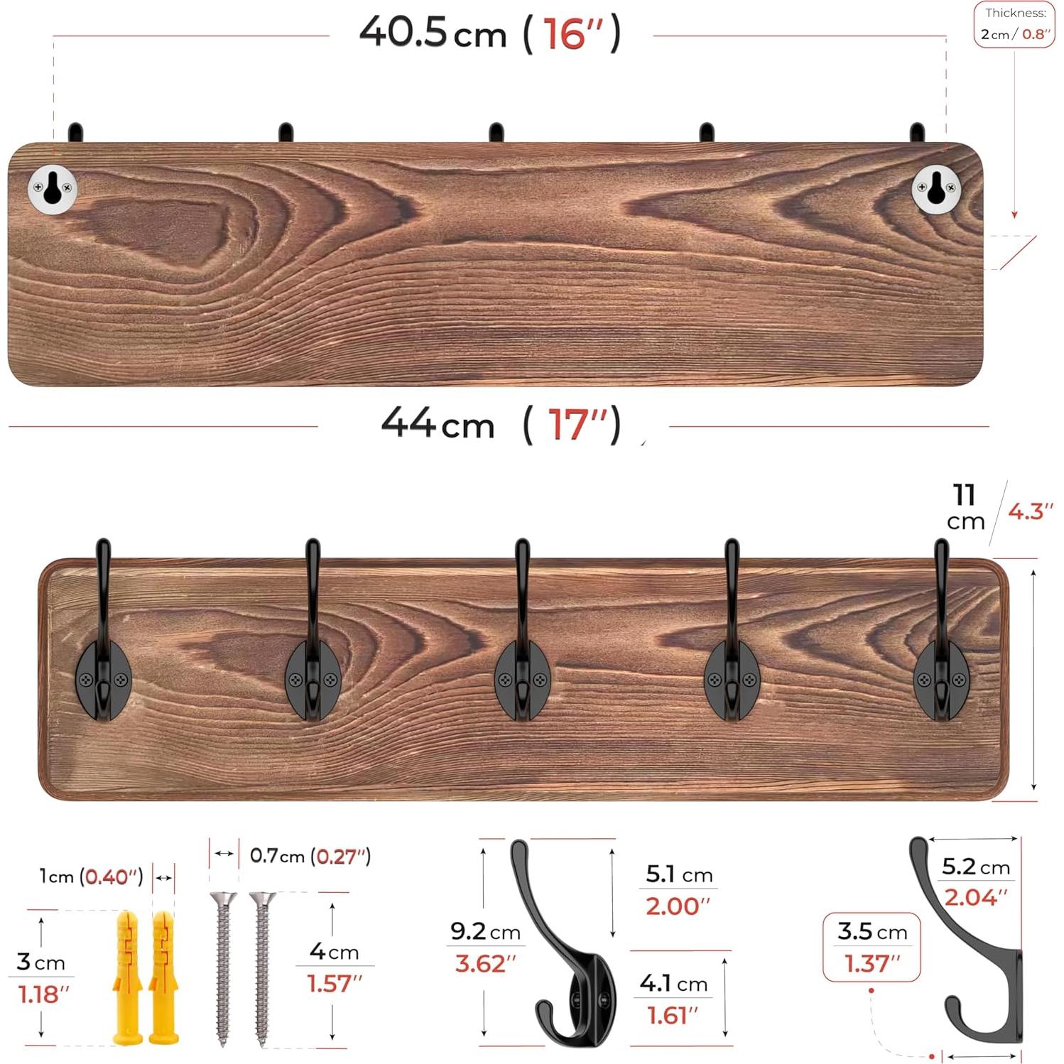 Perchero de Pared Rústico SAYONEYES 43 cm 5 Ganchos Madera