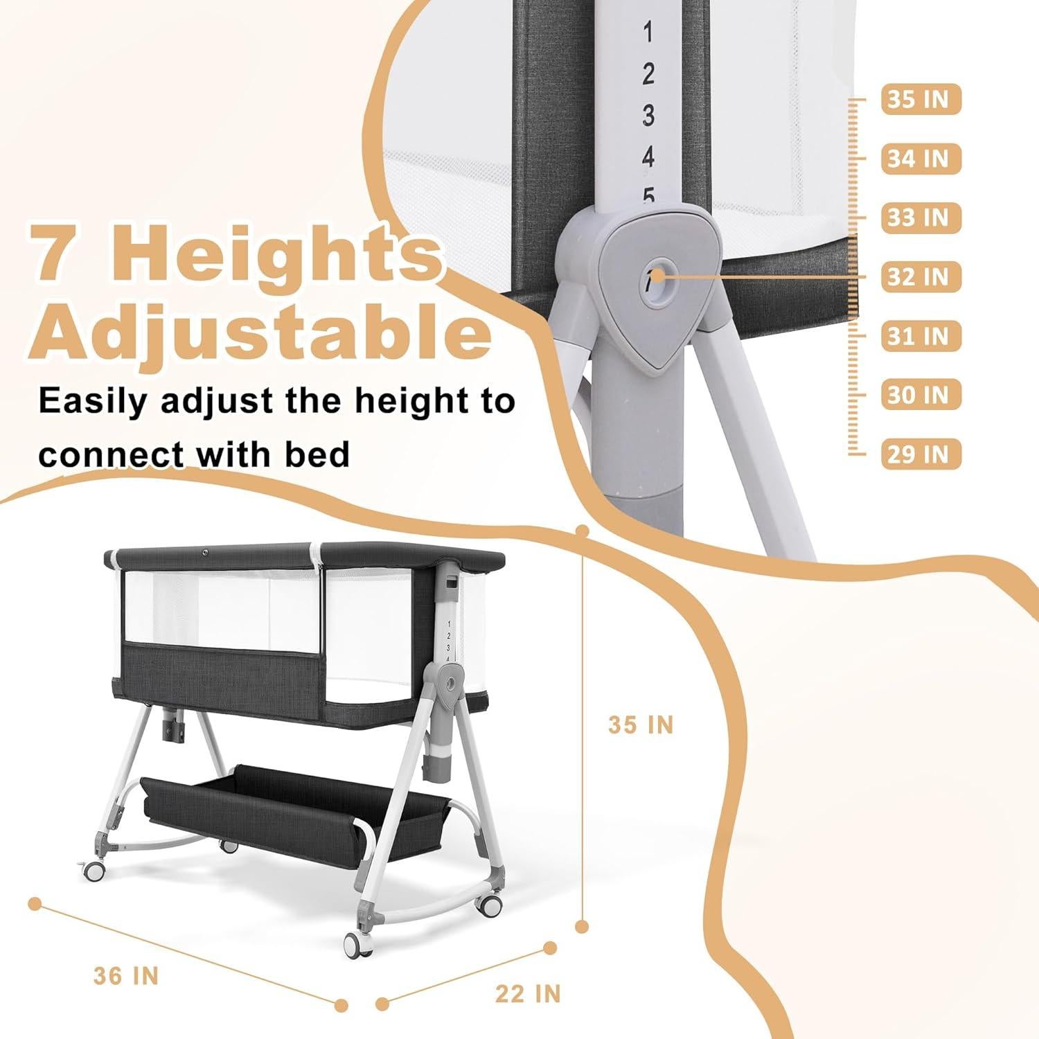 Cuna Lateral 3 en 1 MEICHYUN Negra Ajustable 6 Niveles