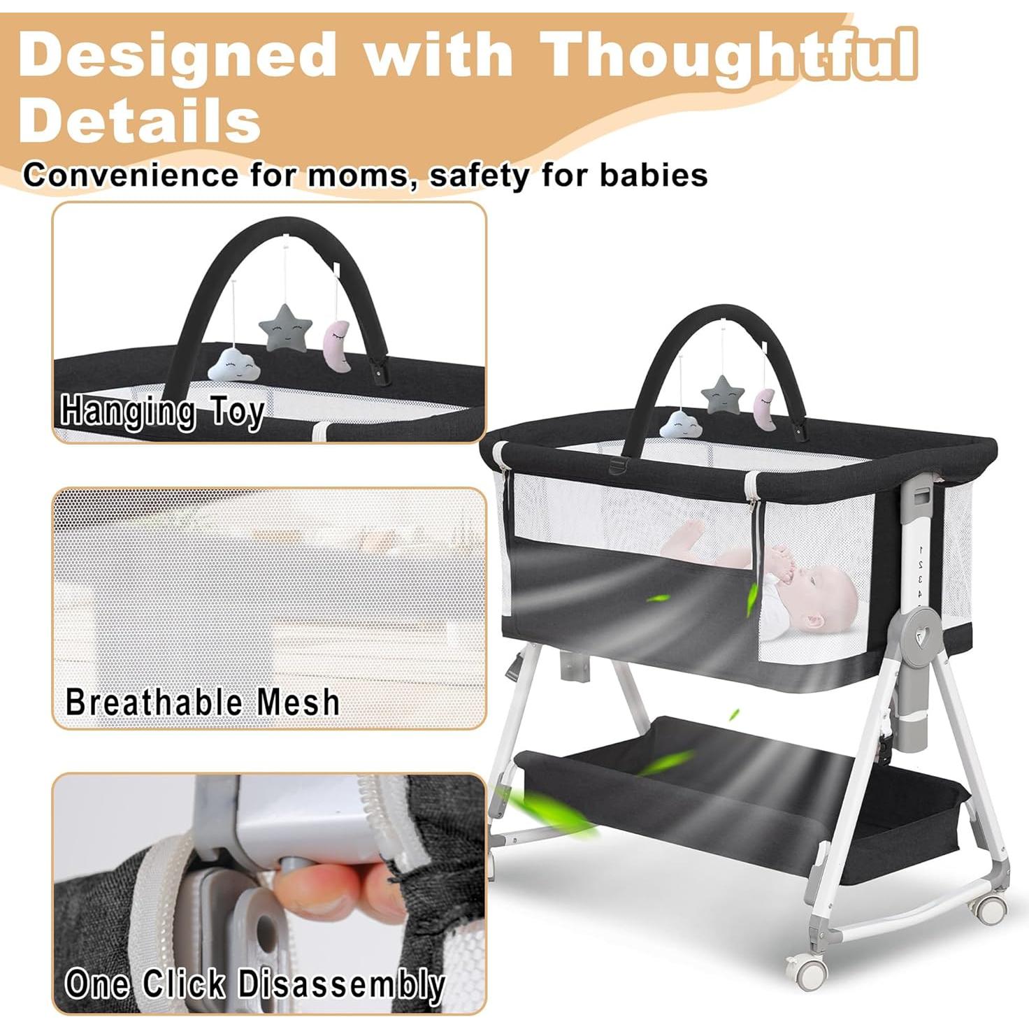 Cuna Lateral 3 en 1 MEICHYUN Negra Ajustable 6 Niveles