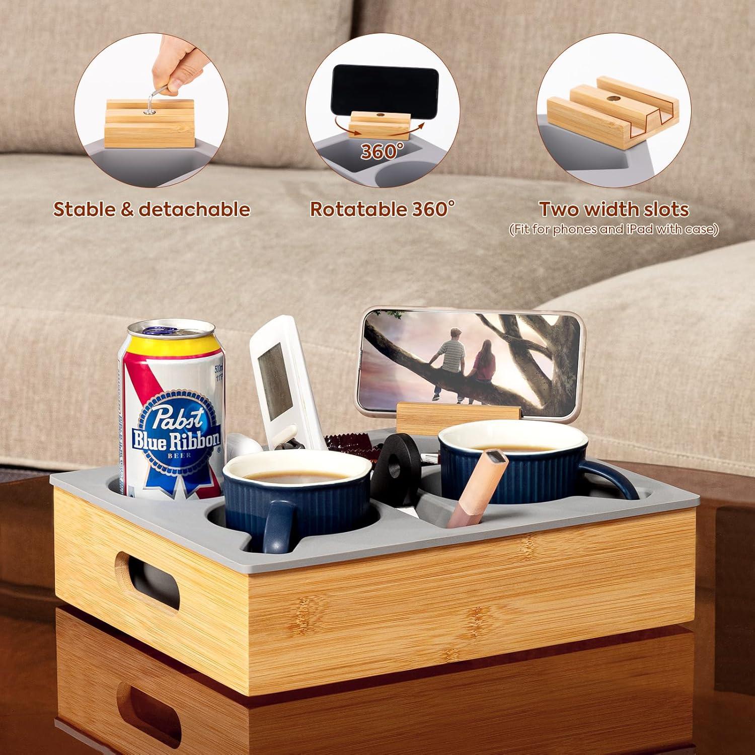 Bandeja Caddy para Sofá HouseJoy Gris con Soporte para Teléfono