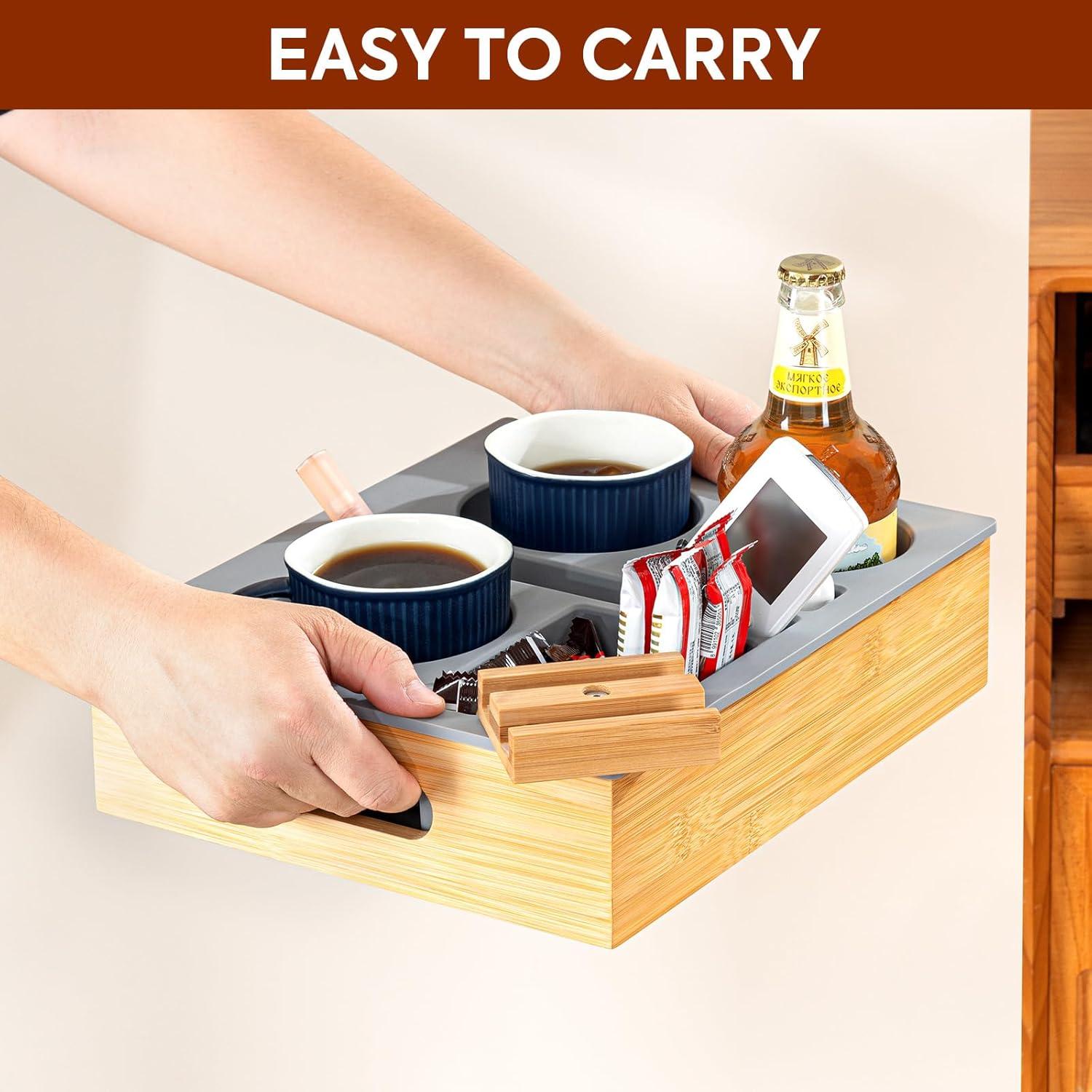 Bandeja Caddy para Sofá HouseJoy Gris con Soporte para Teléfono