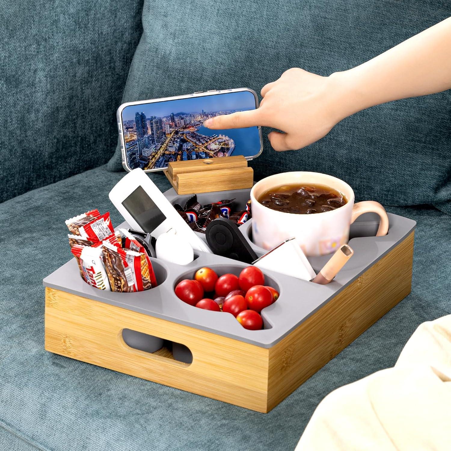 Bandeja Caddy para Sofá HouseJoy Gris con Soporte para Teléfono