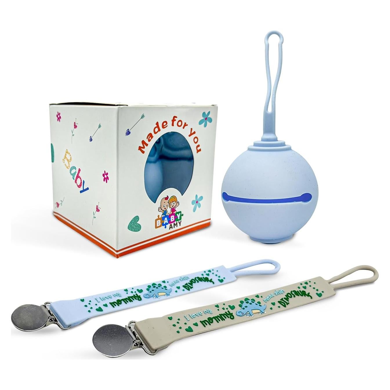Set de 2 Clips de Chupete Baby Amy - Silicona Libre de BPA - Azul y Gris
