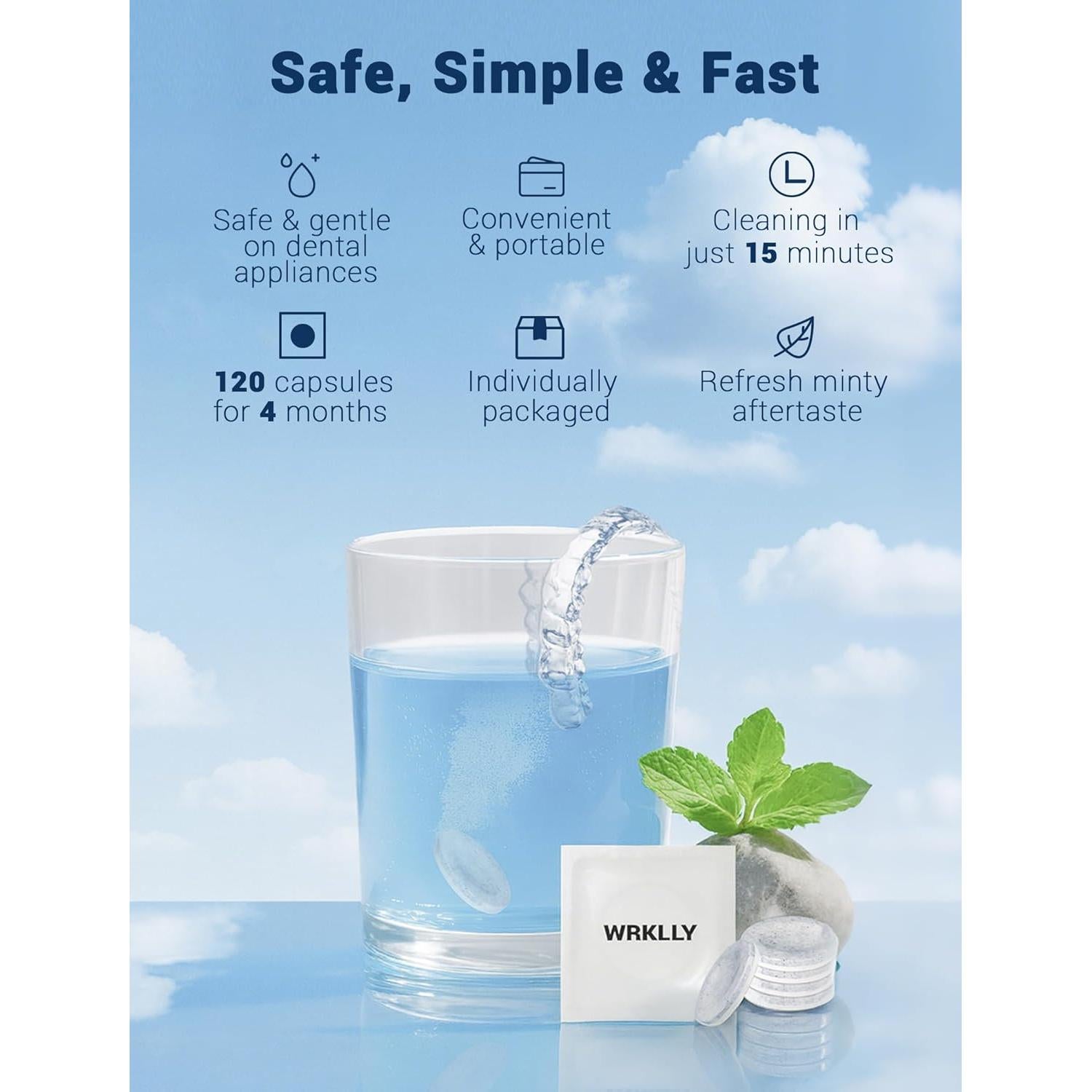 120 Tabletas Limpiadoras WRKLLY para Retenedores y Dentaduras