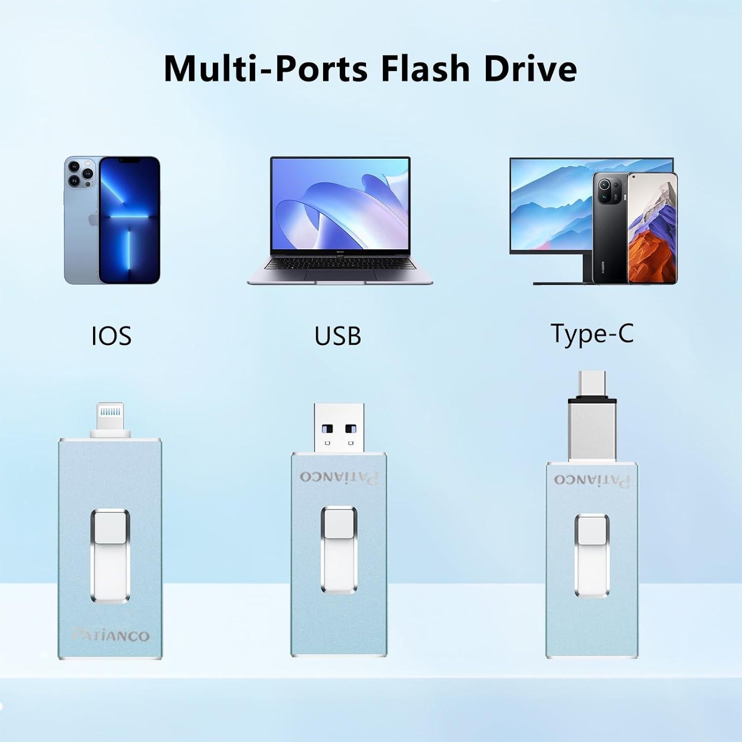 Unidad Flash USB 256GB Patianco para iPhone y iPad Azul