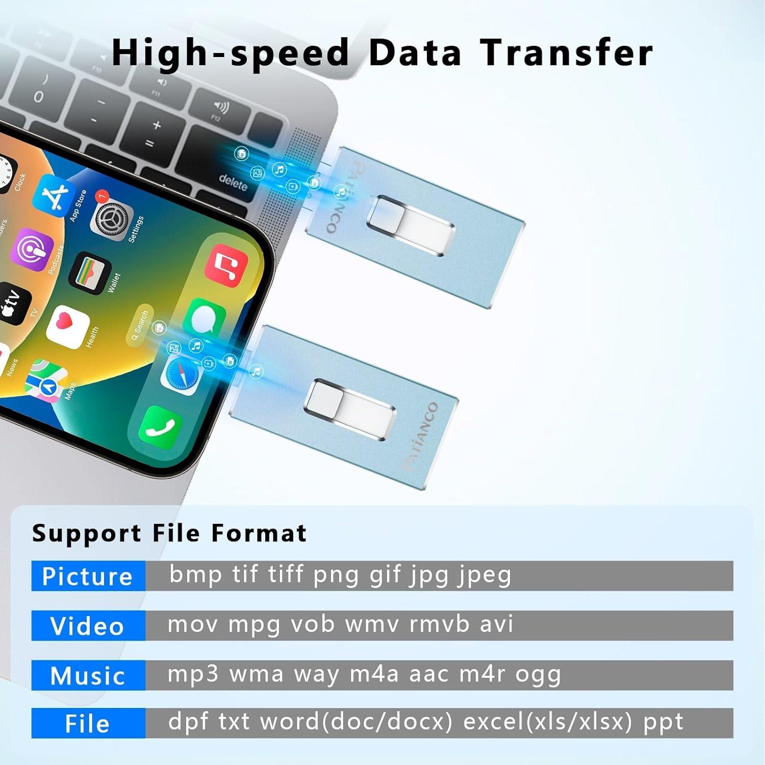 Unidad Flash USB 256GB Patianco para iPhone y iPad Azul