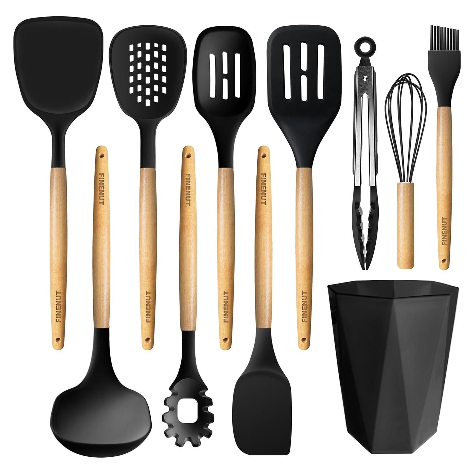 Juego de Utensilios de Cocina de Silicona 11PCS FINENUT Negro