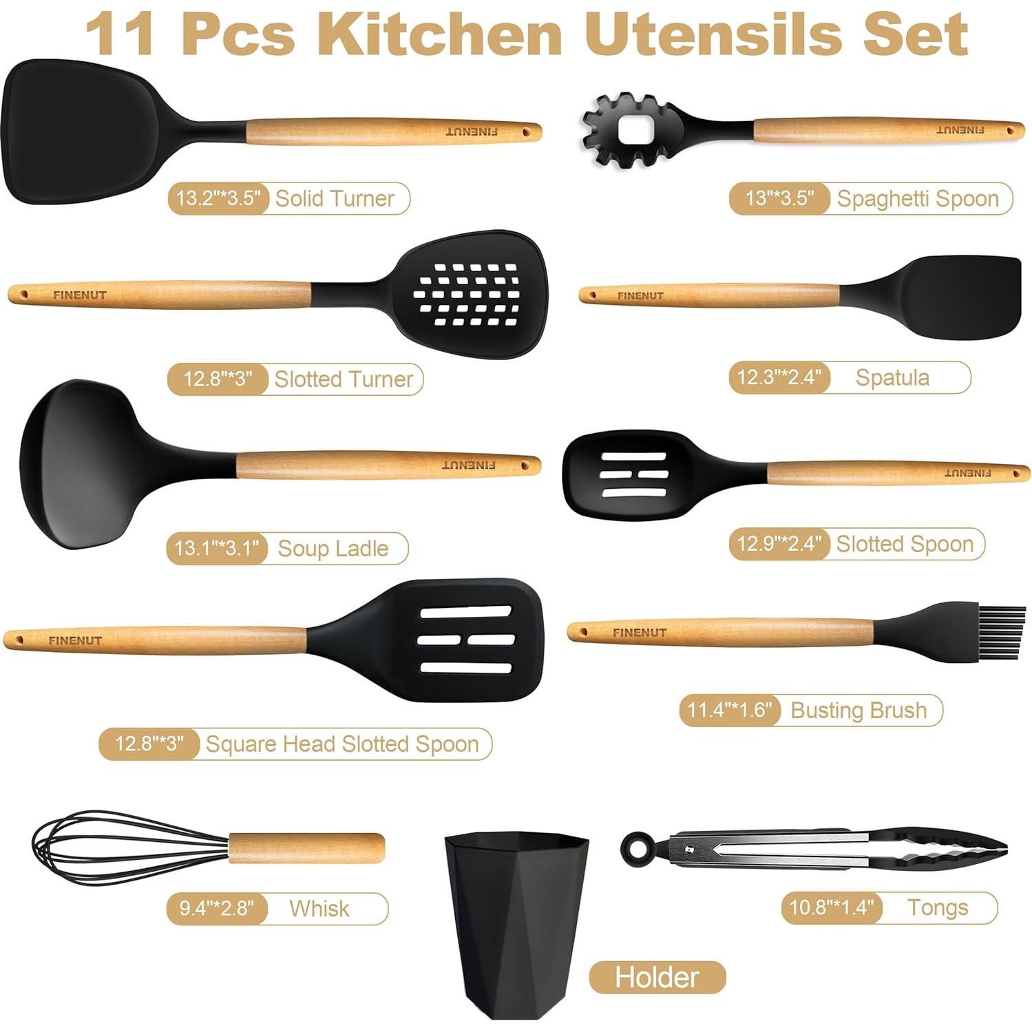 Juego de Utensilios de Cocina de Silicona 11PCS FINENUT Negro