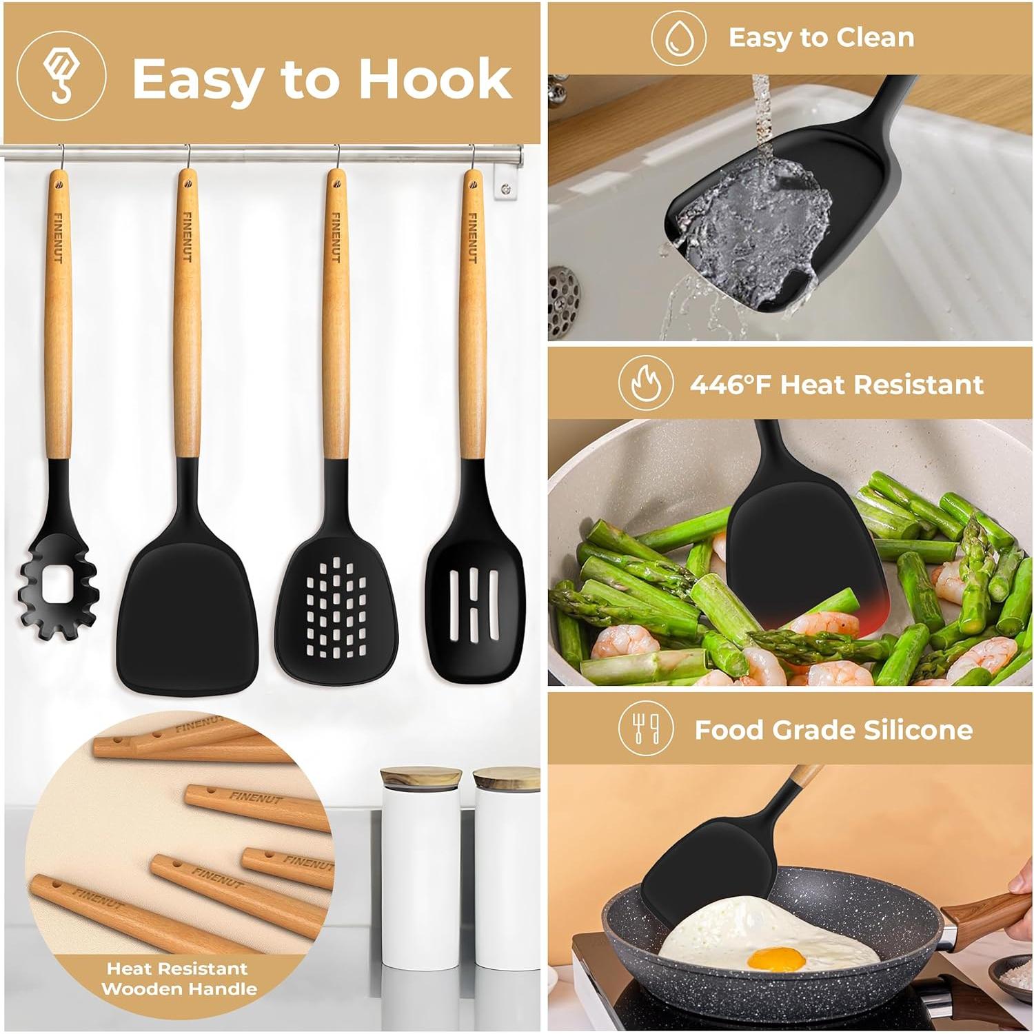 Juego de Utensilios de Cocina de Silicona 11PCS FINENUT Negro