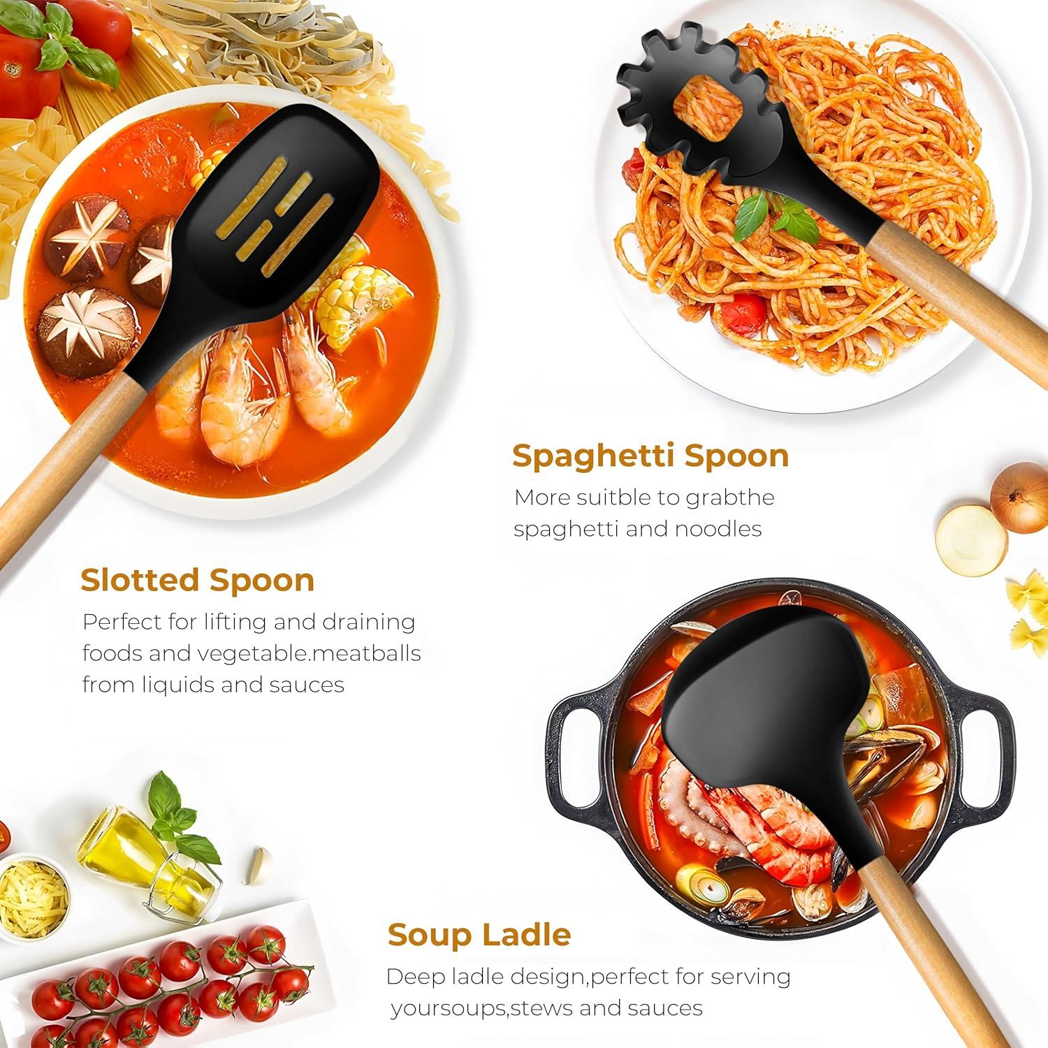 Juego de Utensilios de Cocina de Silicona 11PCS FINENUT Negro