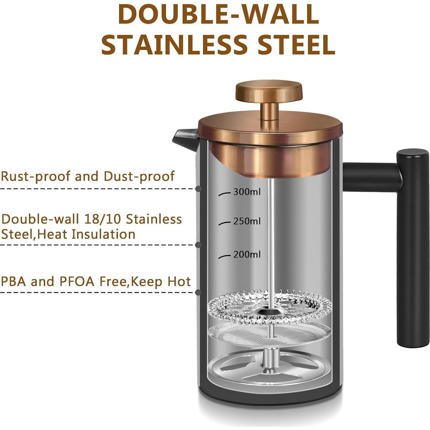 Prensa Francesa WORBIC 350ml Oro Rosa con 3 Filtros y Cuchara