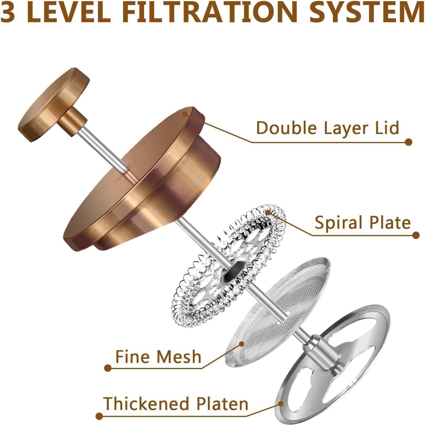 Prensa Francesa WORBIC 350ml Oro Rosa con 3 Filtros y Cuchara