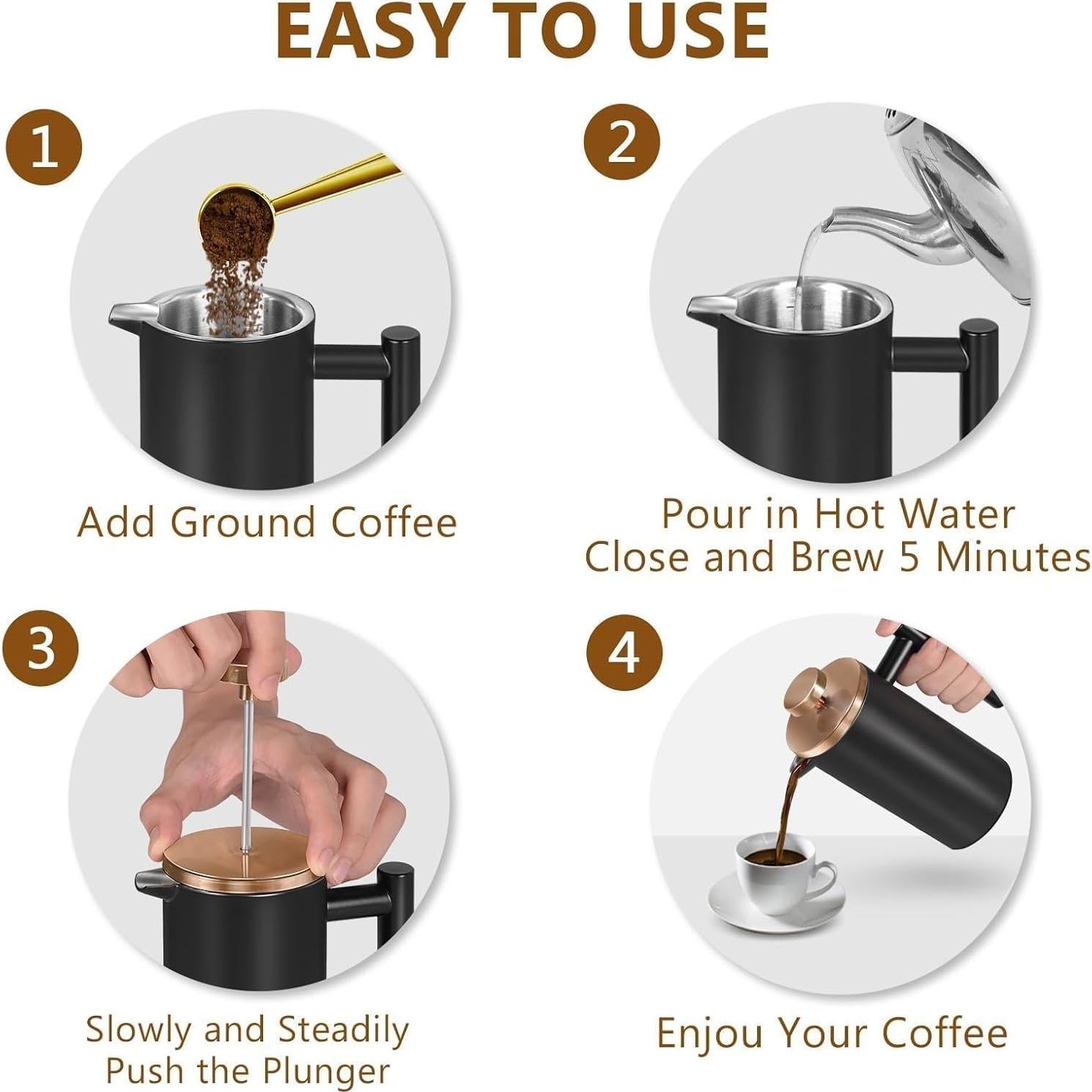 Prensa Francesa WORBIC 350ml Oro Rosa con 3 Filtros y Cuchara