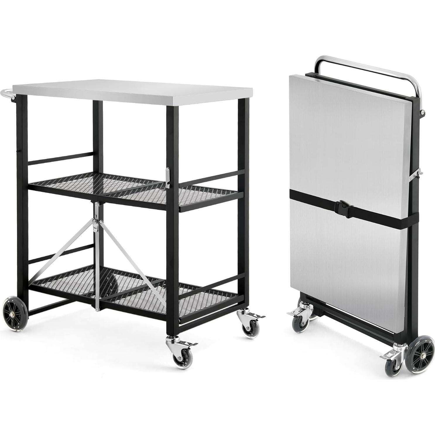 Carrito de Parrilla Plegable LUE BONA 3 Estantes Acero Inoxidable