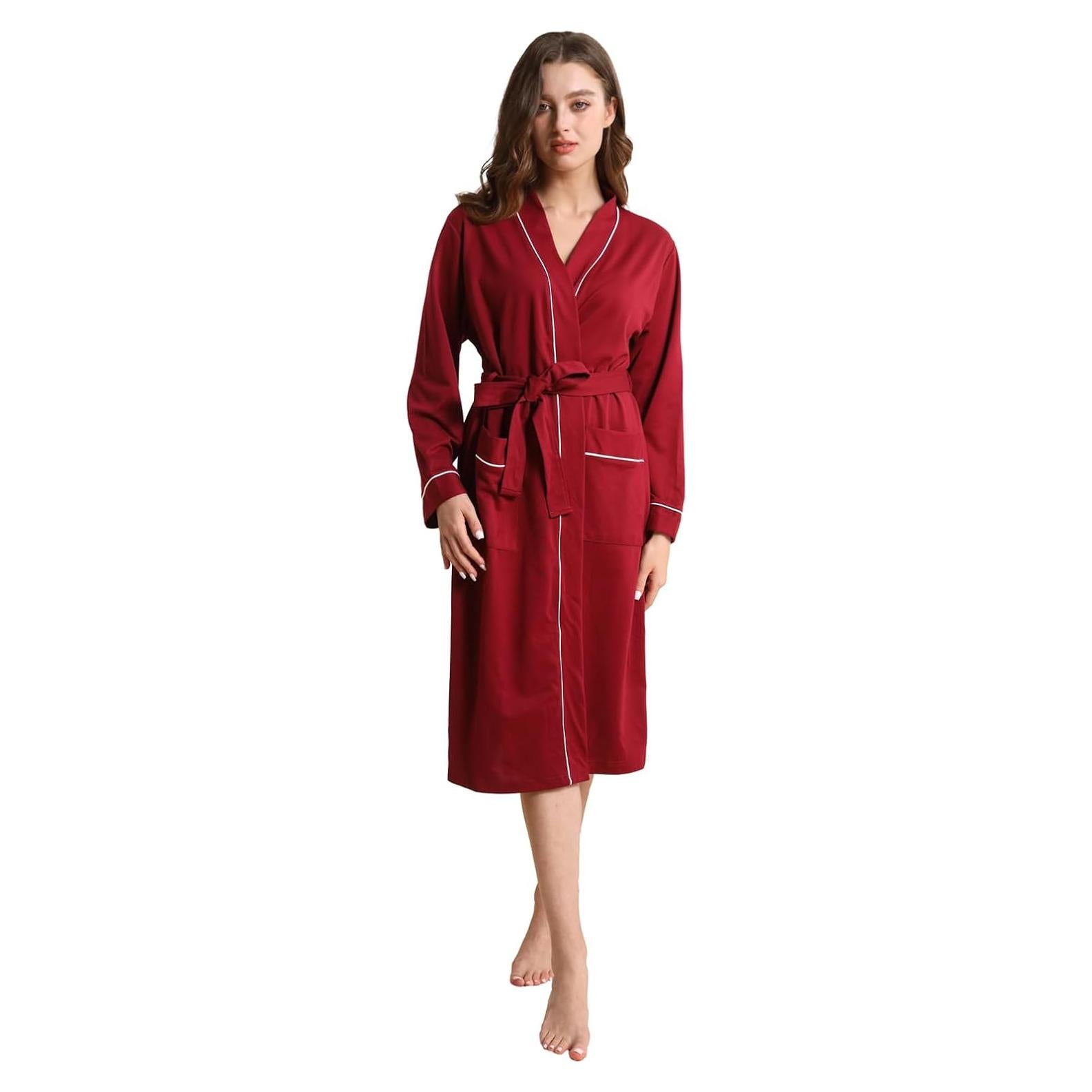 Bata de Kimono para Mujeres YSH2402 Suave Burdeos con Bolsillos