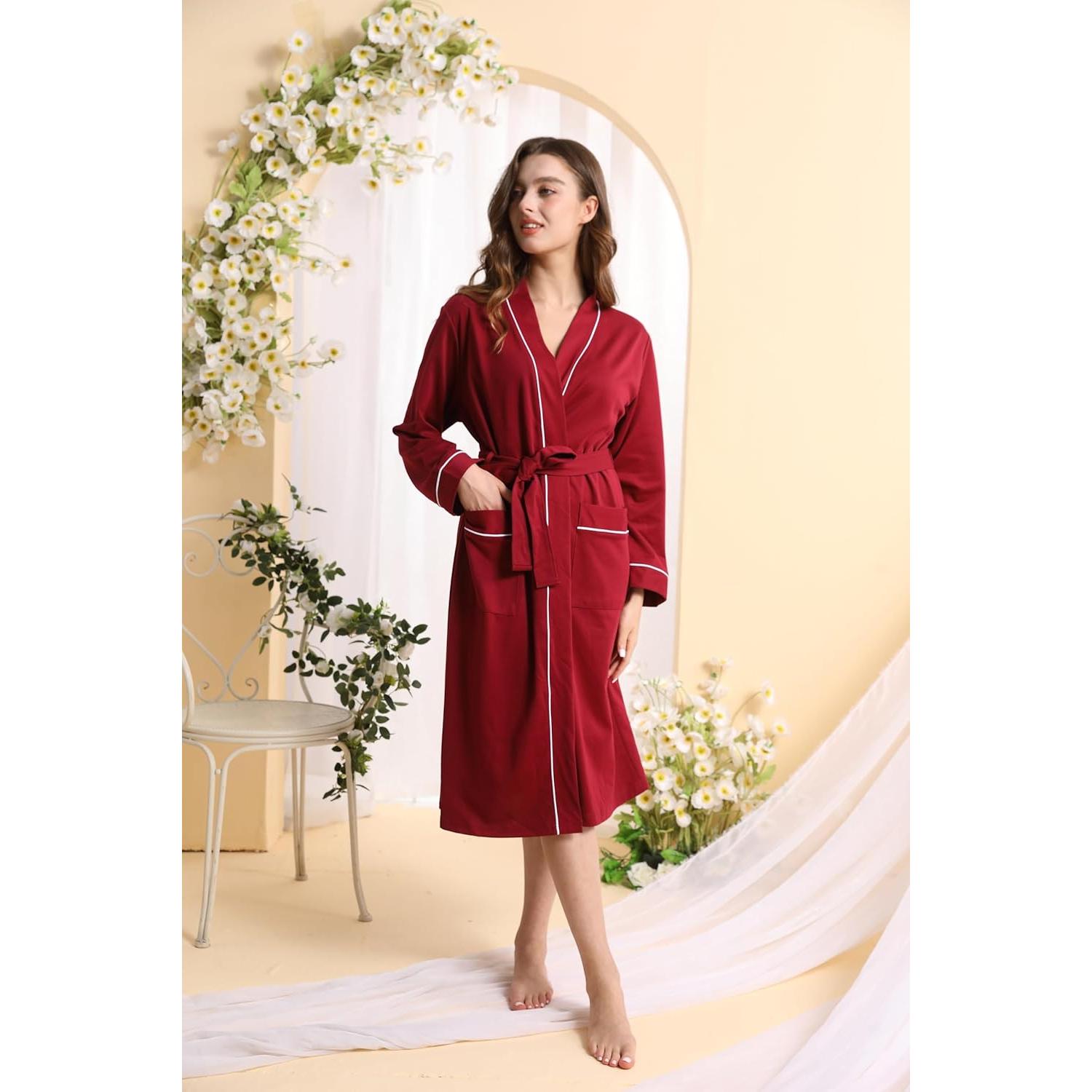 Bata de Kimono para Mujeres YSH2402 Suave Burdeos con Bolsillos