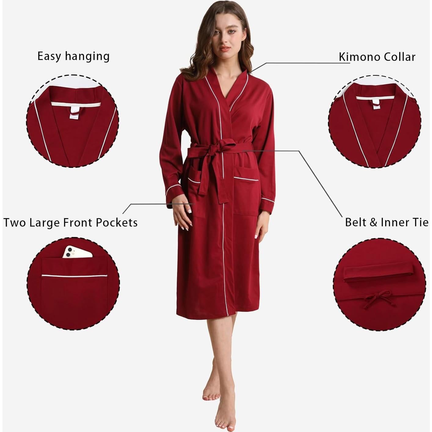 Bata de Kimono para Mujeres YSH2402 Suave Burdeos con Bolsillos