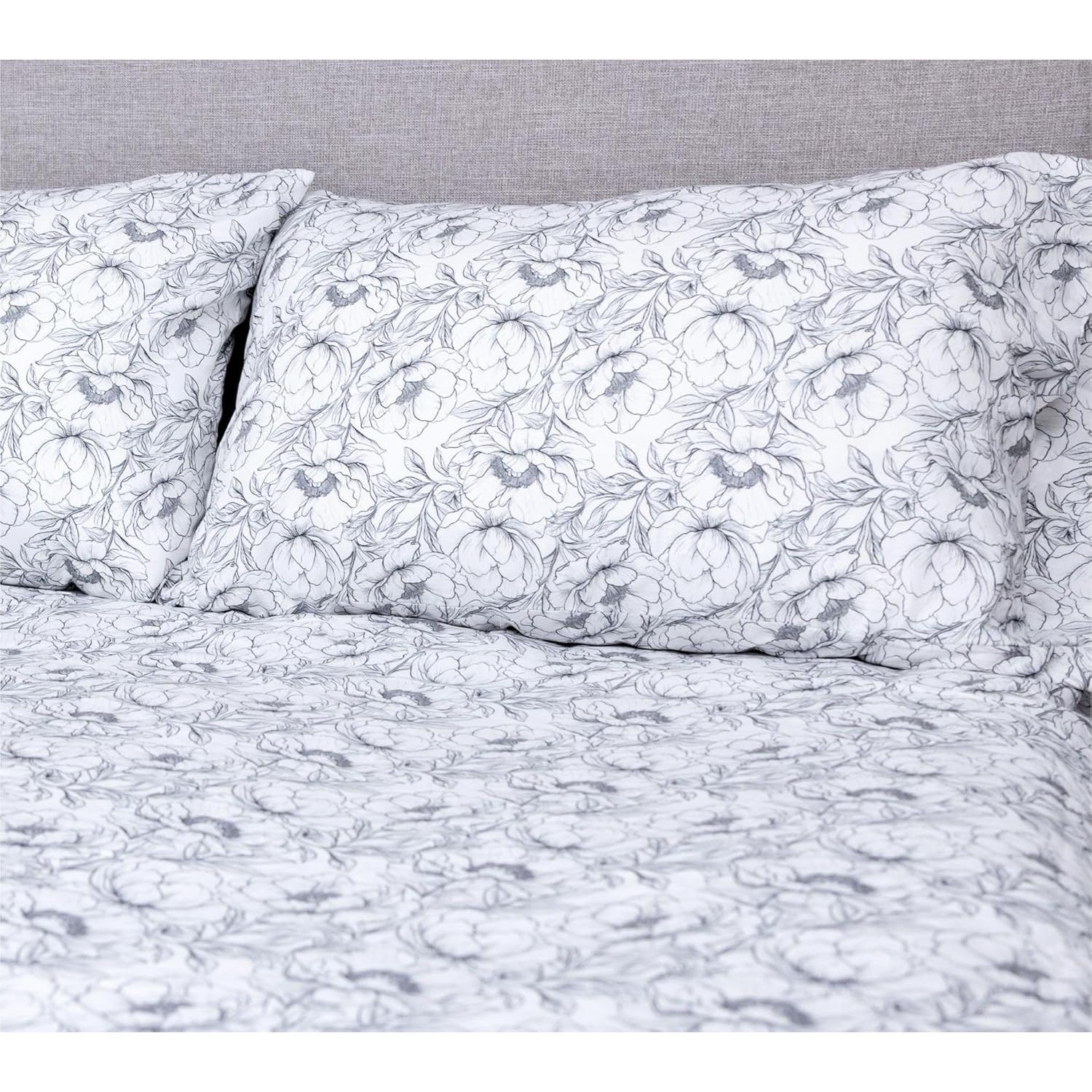 Juego de Sábanas Individual Floral en Blanco y Negro - 3 Piezas Donde Los Lunares Deambulan