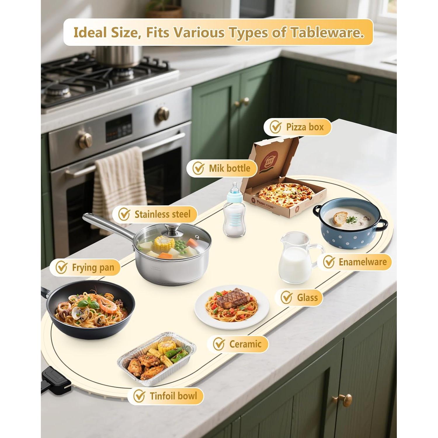 Alfombrilla Calentadora de Comida WUEAOA XXL 90°C Silicona Beige