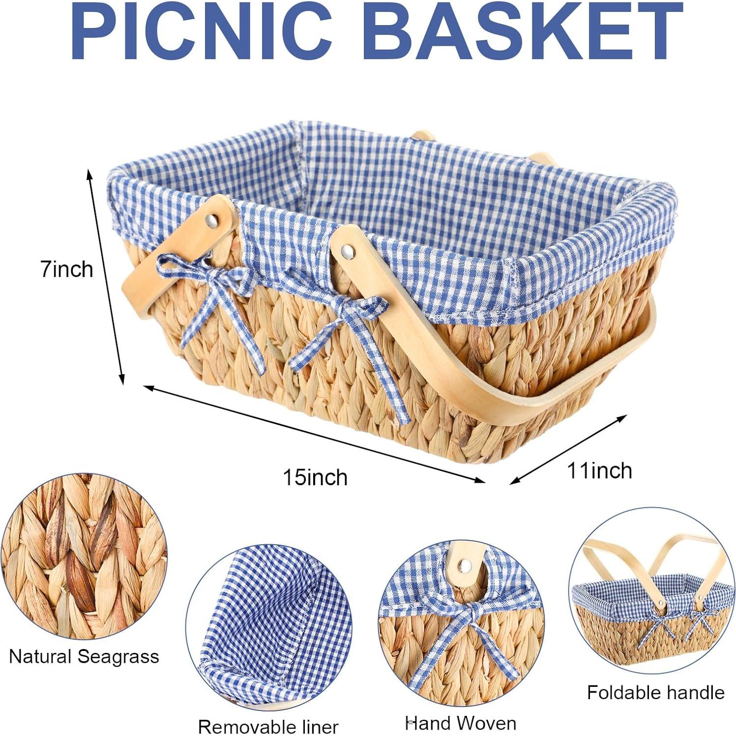 Cesta de Picnic Tiangrid Mimbre con Plato de Bambú Azul Blanco