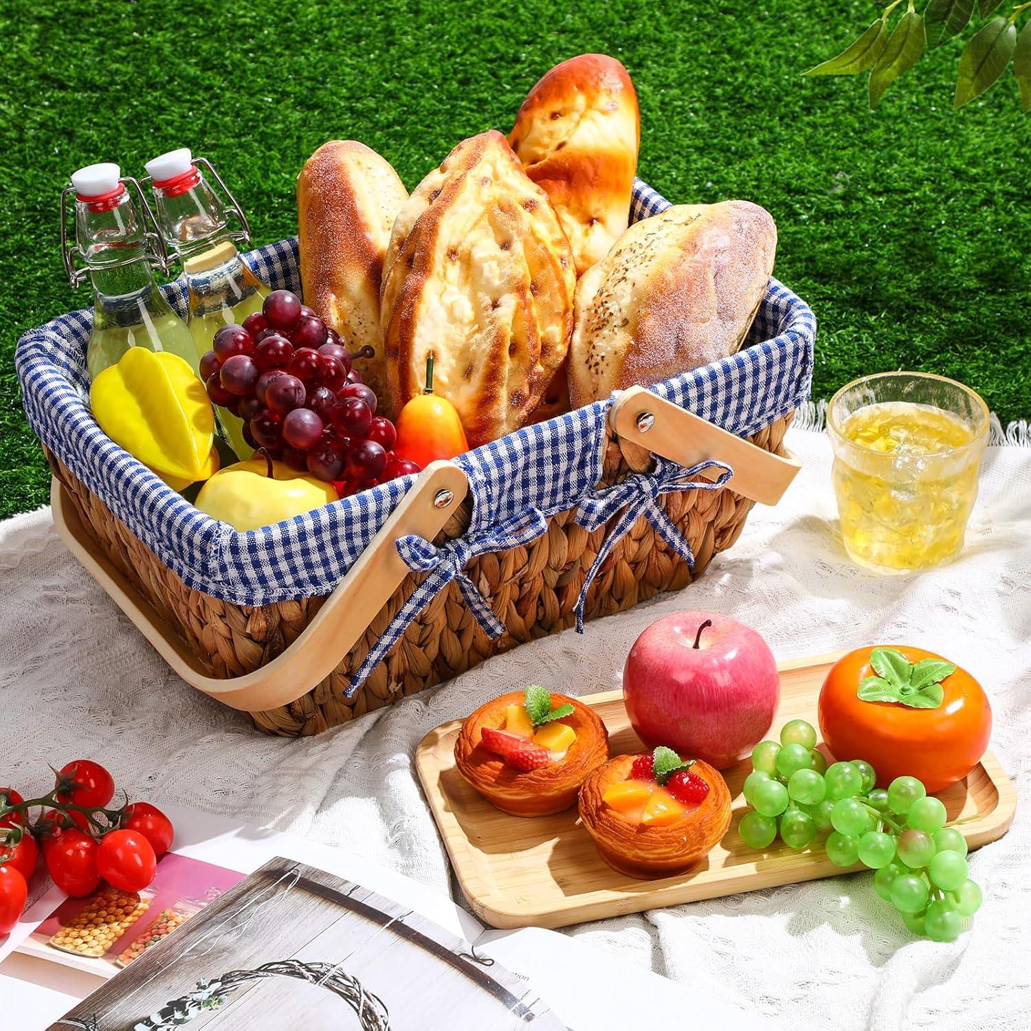 Cesta de Picnic Tiangrid Mimbre con Plato de Bambú Azul Blanco