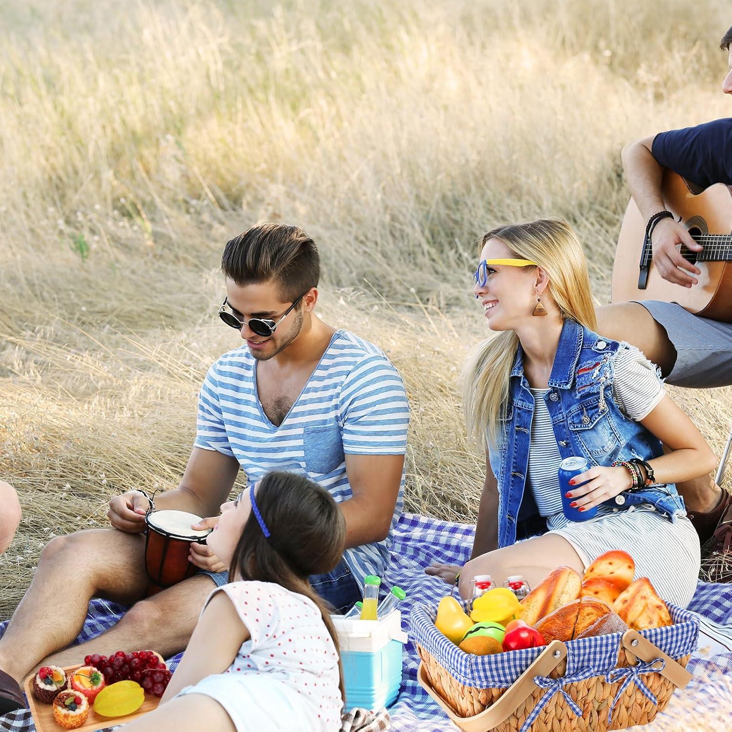 Cesta de Picnic Tiangrid Mimbre con Plato de Bambú Azul Blanco