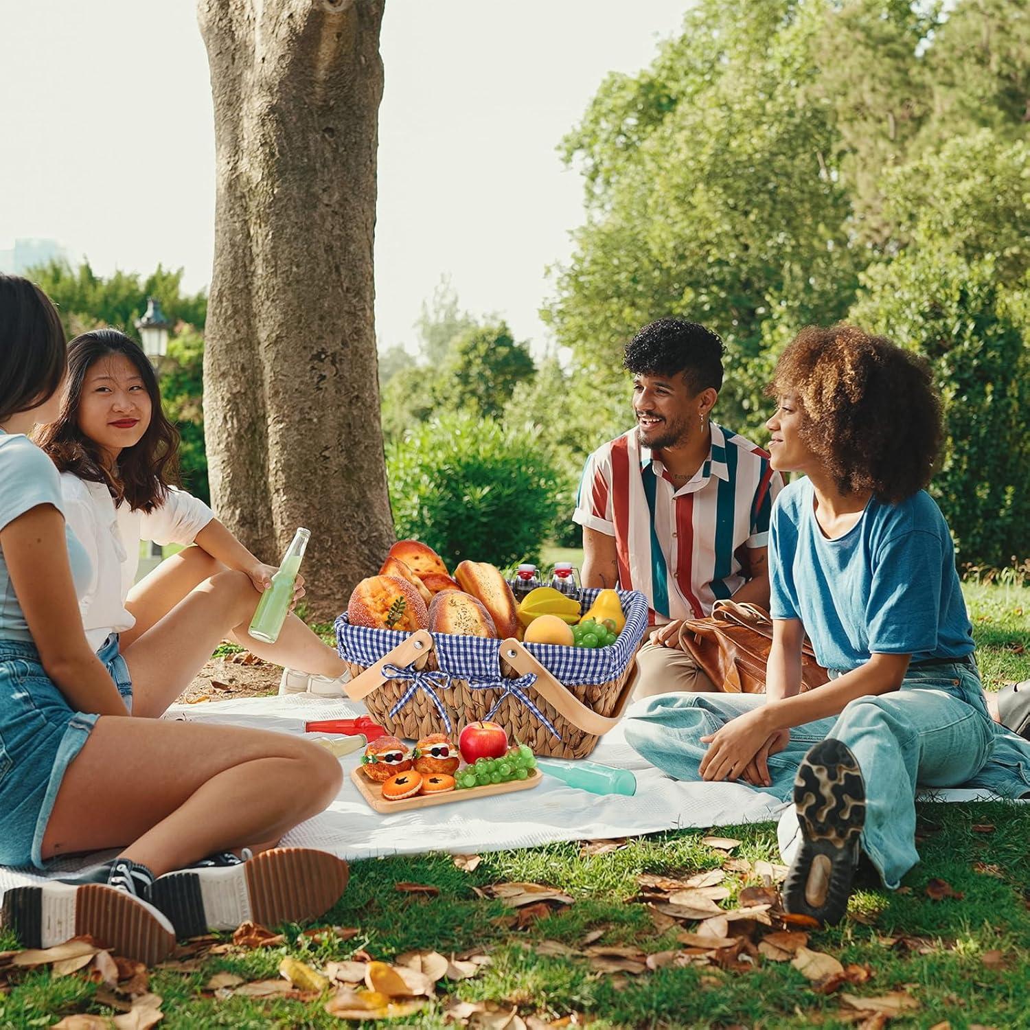 Cesta de Picnic Tiangrid Mimbre con Plato de Bambú Azul Blanco