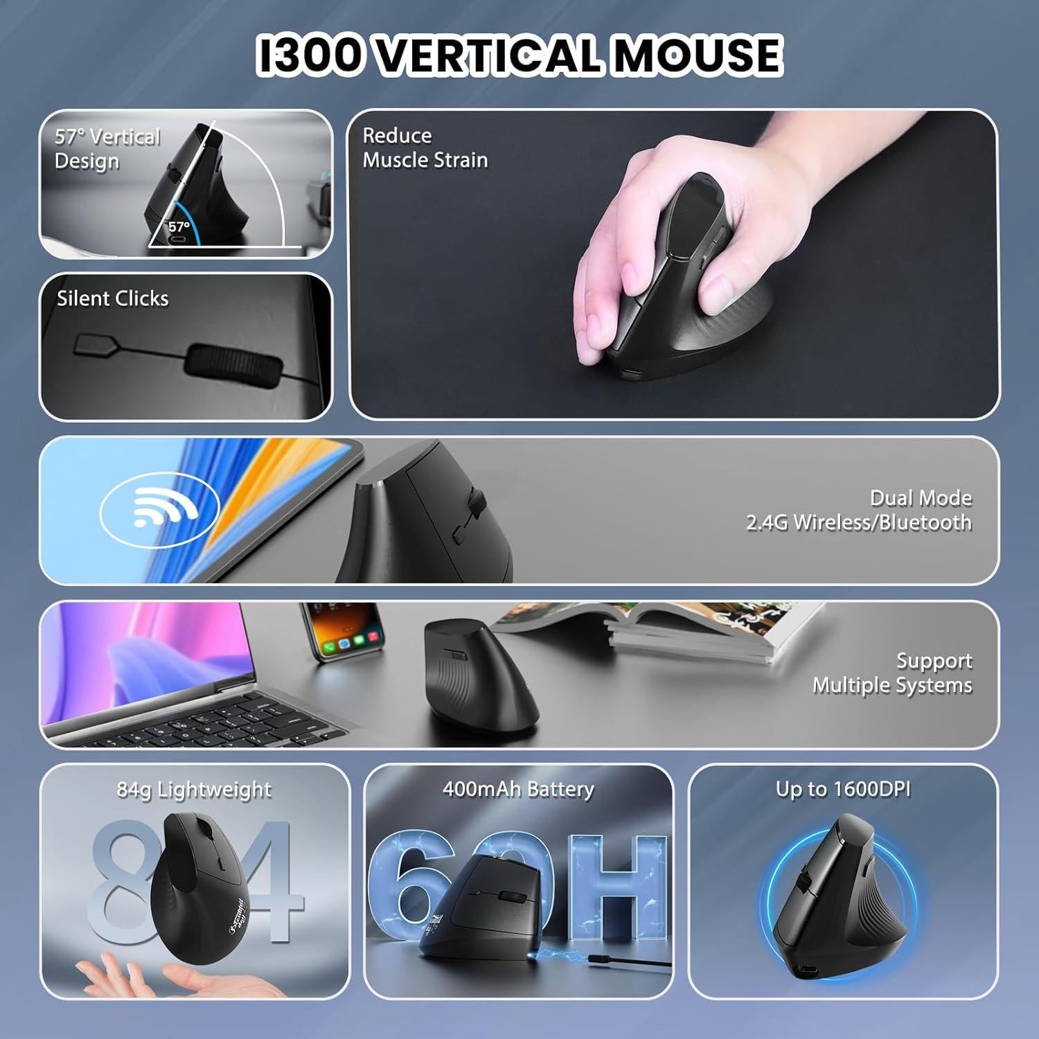 Ratón Inalámbrico A.JAZZ I300 Ergonómico Recargable 800/1200/1600 DPI